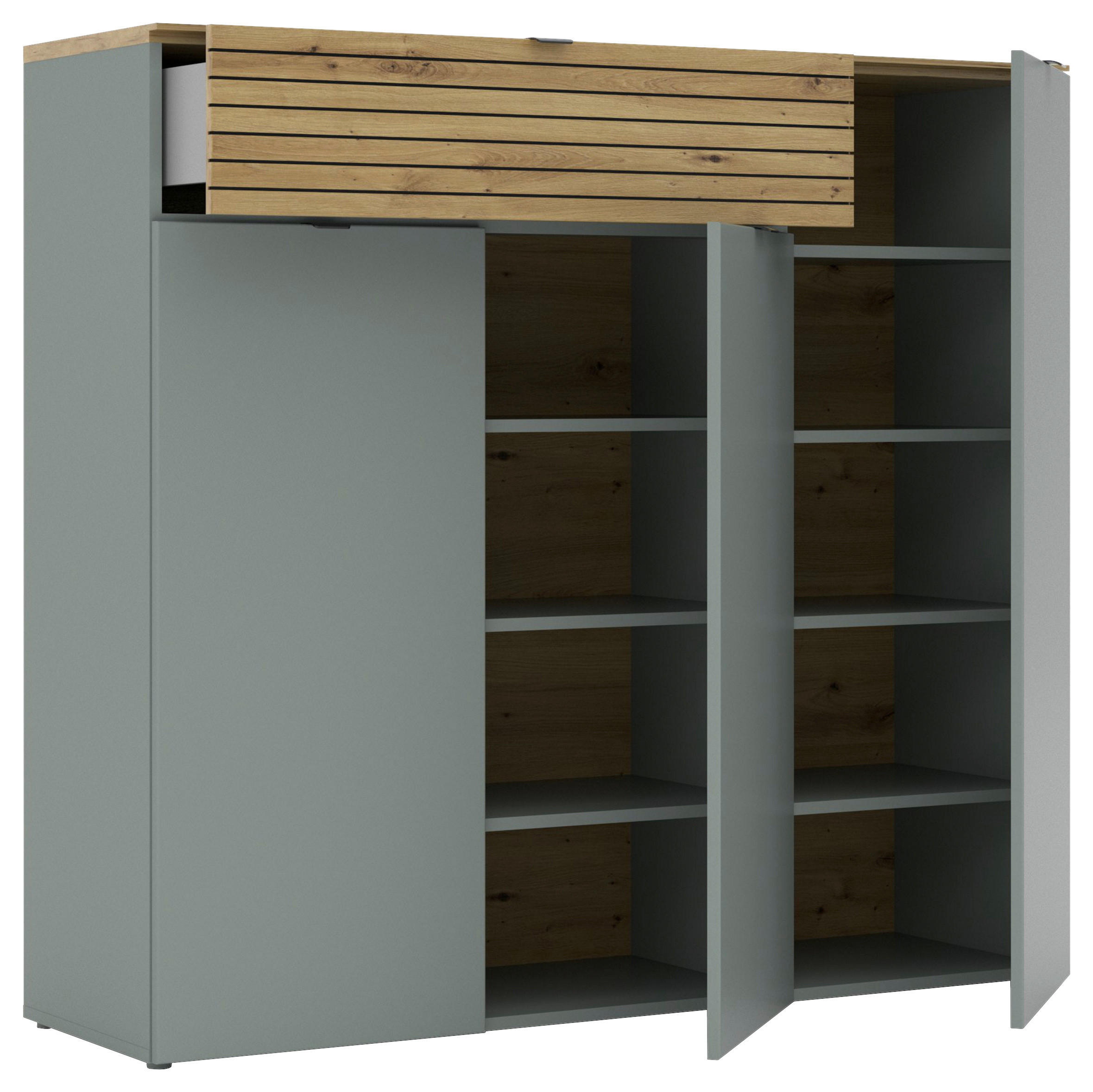 Thumbnail - Voleo Schuhschrank, Grün, Eiche Artisan, Metall, 7 Fächer, 1 Schublade(n) Schubladen, 136x125x41 cm, Typenauswahl, Beimö...