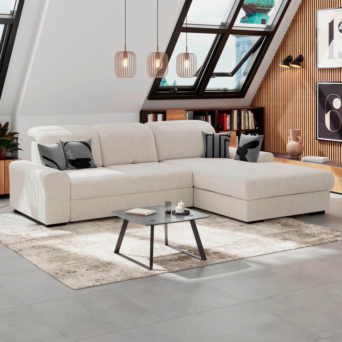 ECKSOFA Elfenbein Chenille Rücken echt, Kopfteilverstellung  - Elfenbein/Schwarz, KONVENTIONELL, Holz/Textil (286/203cm) - MID.YOU