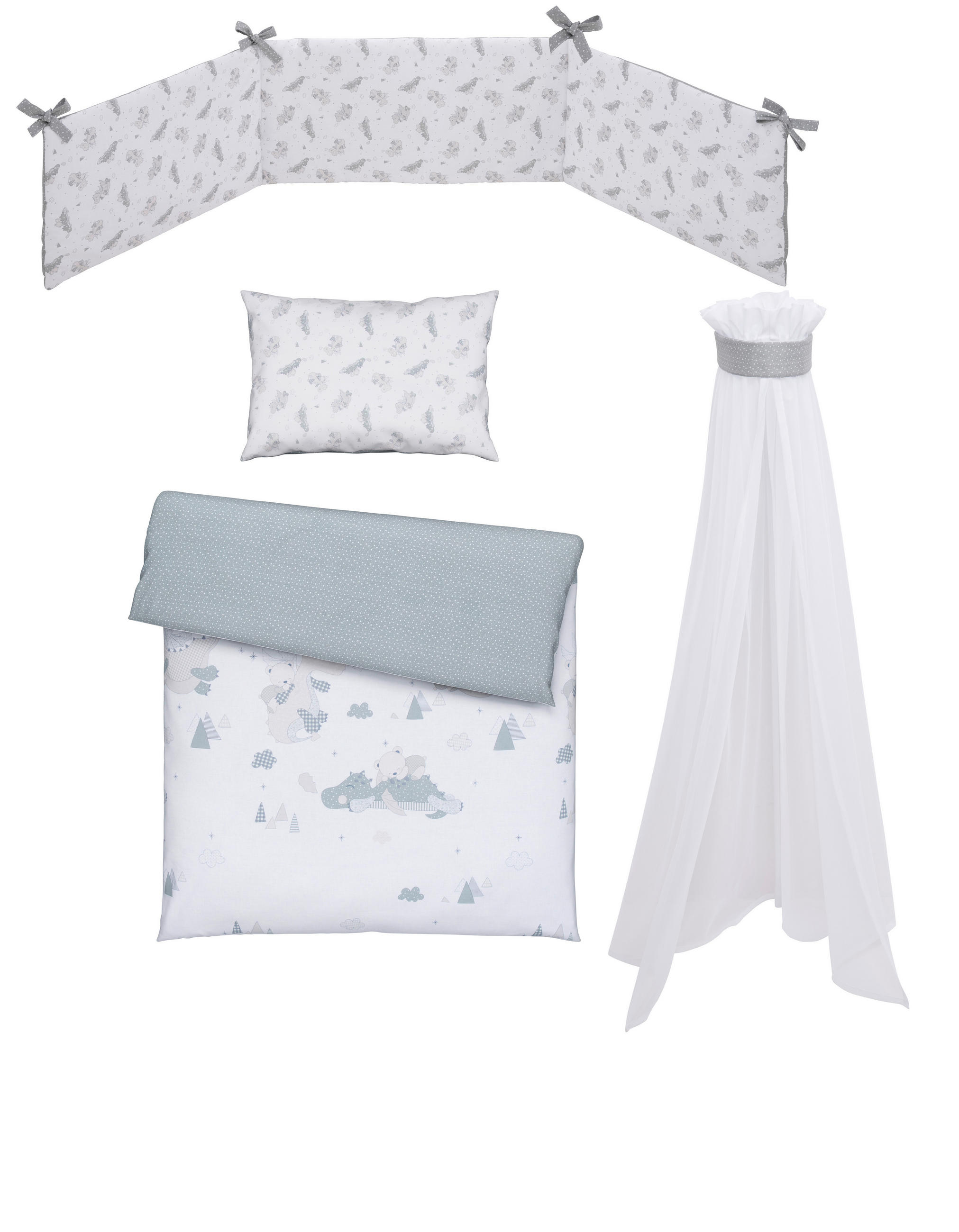 GITTERBETTSET Kleiner Drache  - Weiß/Grau, Basics, Textil (100/135cm) - Patinio