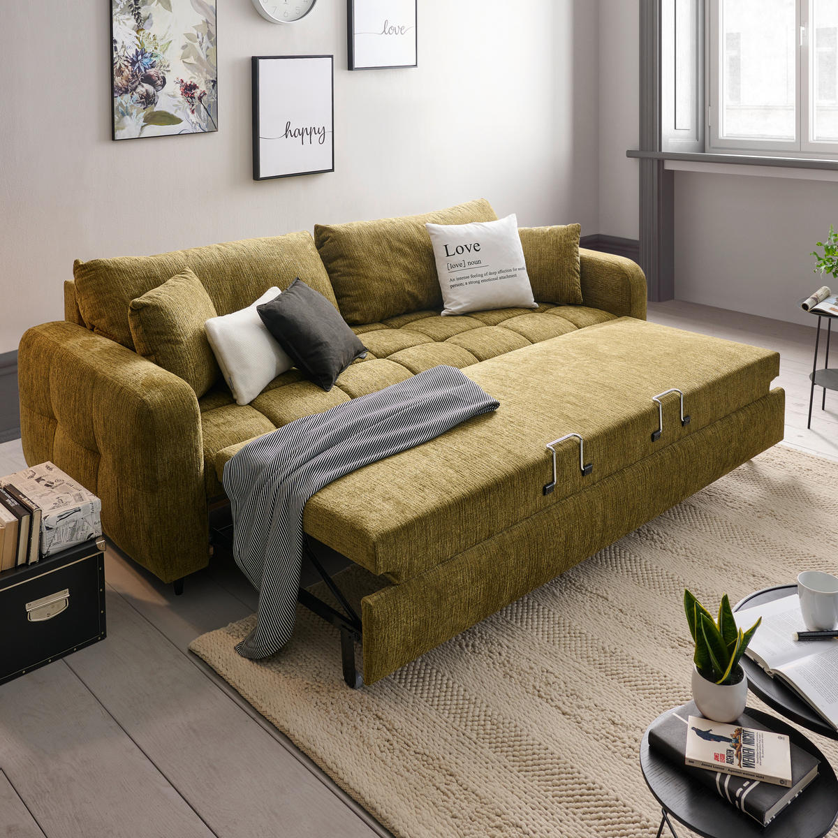 SCHLAFSOFA Flachgewebe Olivgrün  - Schwarz/Olivgrün, Design, Holz/Textil (236/88/101cm) - Lomoco