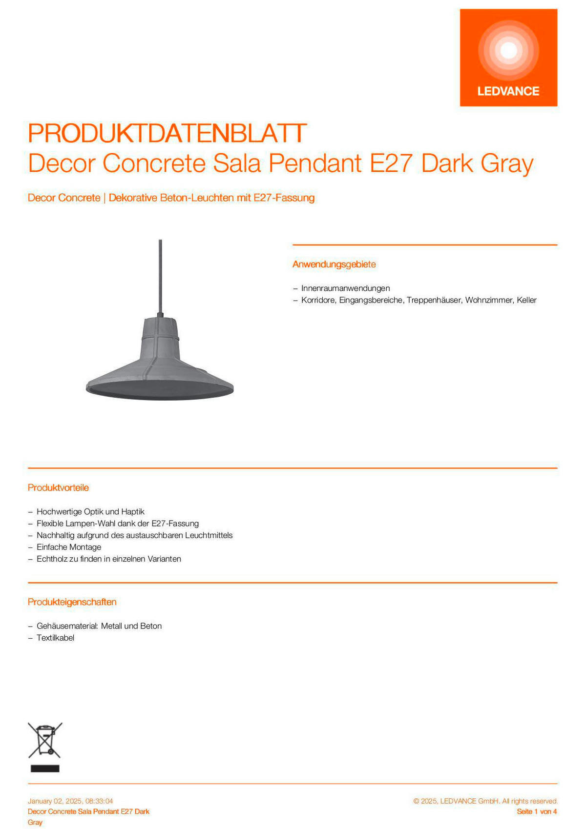 PENDELLEUCHTE 32,5/121,5 cm   - Dunkelgrau, KONVENTIONELL, Stein/Metall (32,5/121,5cm) - Ledvance