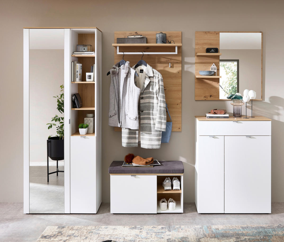 GARDEROBE 5-teilig  in 264/202/38 cm  - Weiß/Eiche Artisan, Design, Glas/Holzwerkstoff (264/202/38cm)