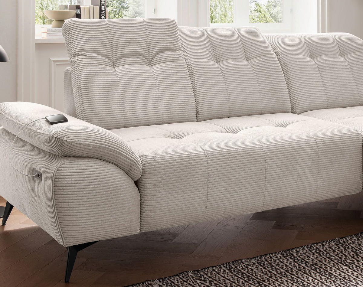 ECKSOFA FIORE in Cord Beige Kopfteilverstellung, Sitzvorzug  280/180 cm  - Beige/Schwarz, MODERN, Textil/Metall (280/180cm) - Livetastic