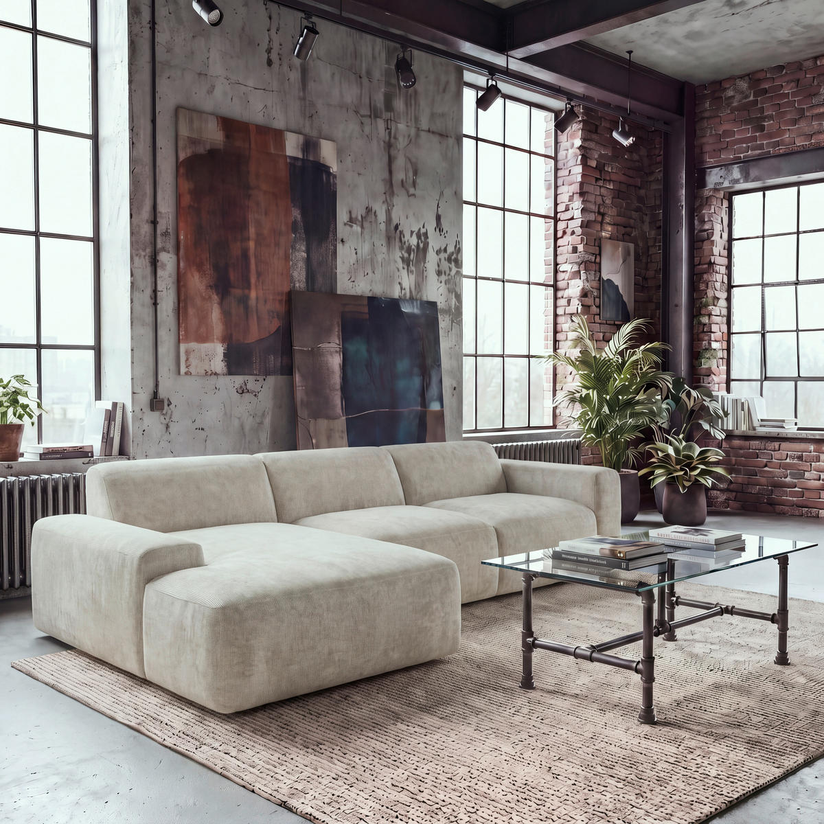 ECKSOFA HANNAH Beige Cord  - Beige/Schwarz, Design, Kunststoff/Textil (170/343cm) - MID.YOU