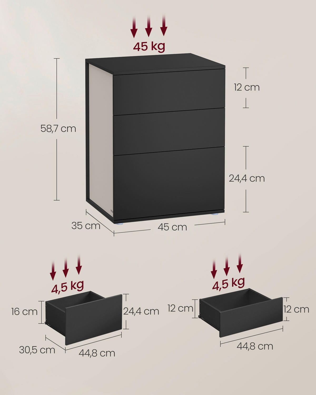 NACHTTISCH 45/58,7/35 cm  - Beige/Schwarz, MODERN, Holzwerkstoff (45/58,7/35cm) - MID.YOU