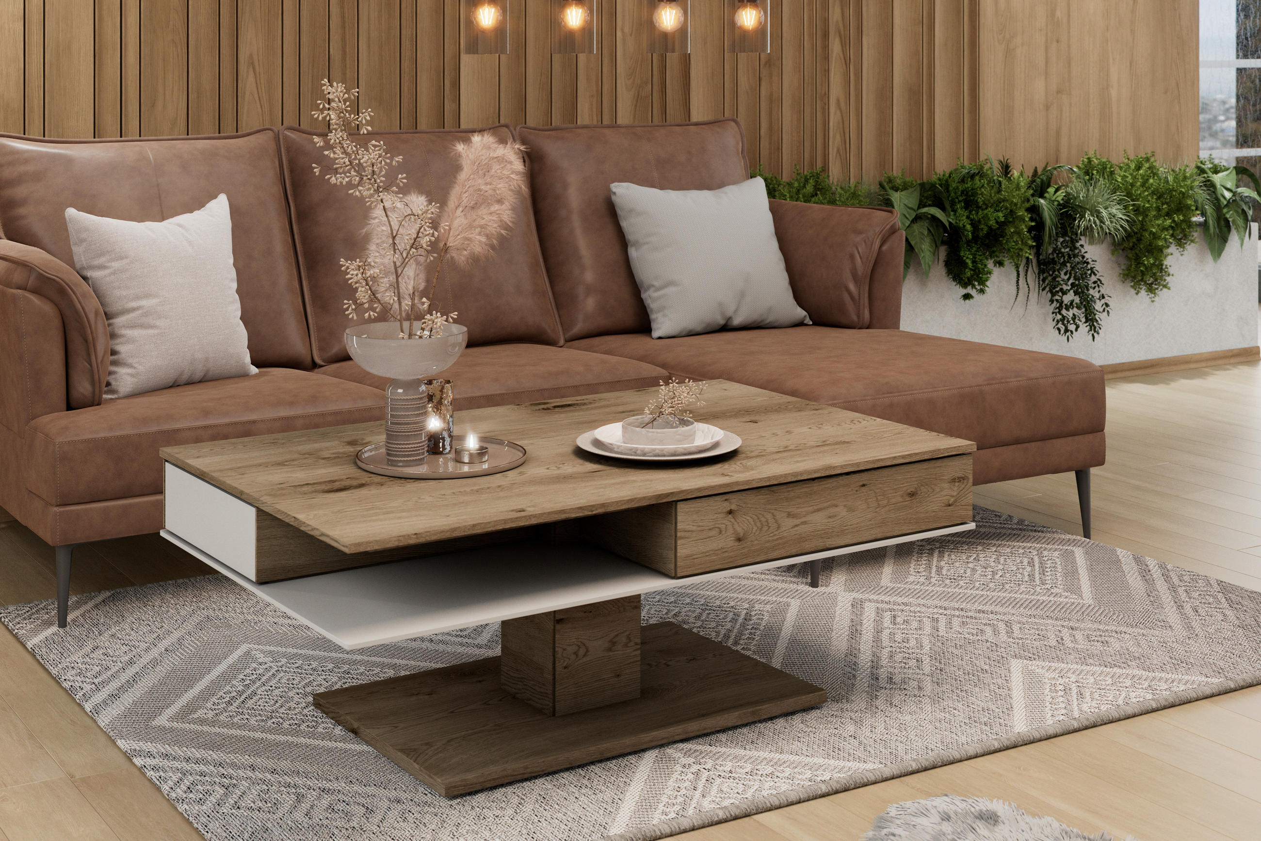 COUCHTISCH in Holz, Glas 120/75/46 cm  - Weiss/Eichefarben, Design, Glas/Holz (120/75/46cm) - Voglauer
