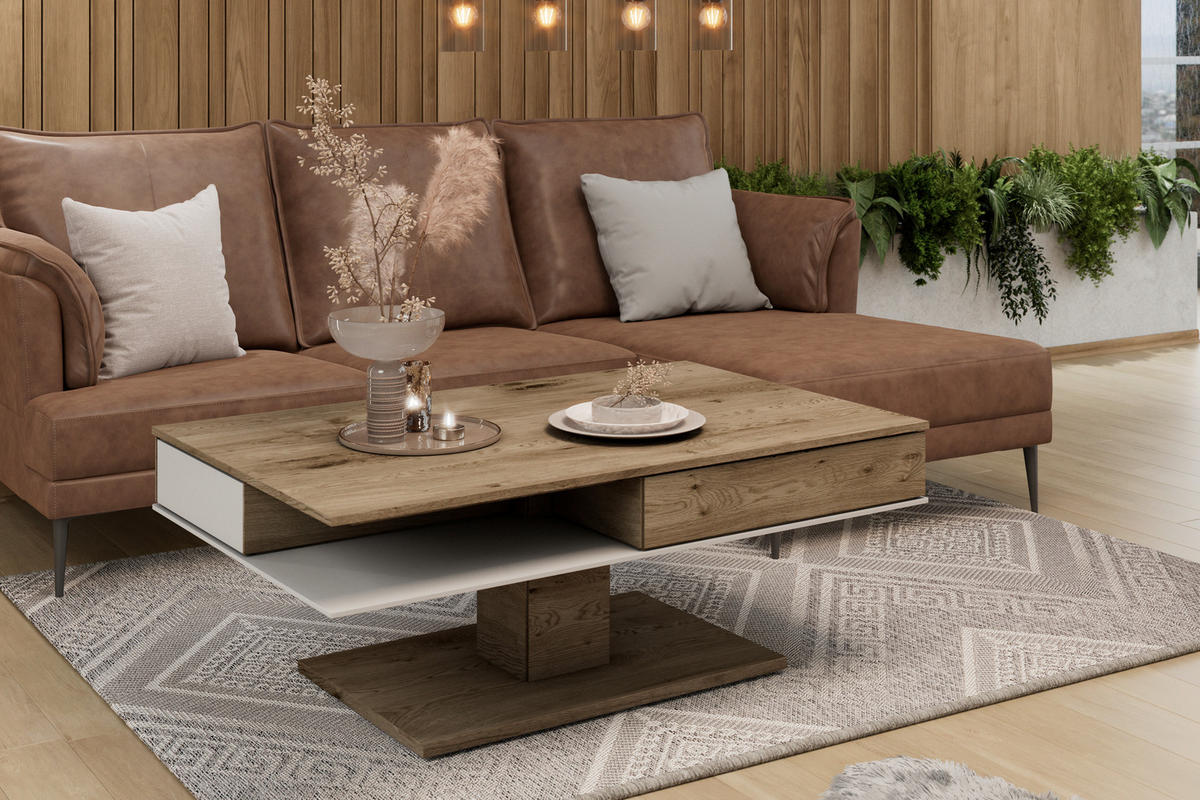 COUCHTISCH in Holz, Glas 120/75/46 cm  - Weiss/Eichefarben, Design, Glas/Holz (120/75/46cm) - Voglauer