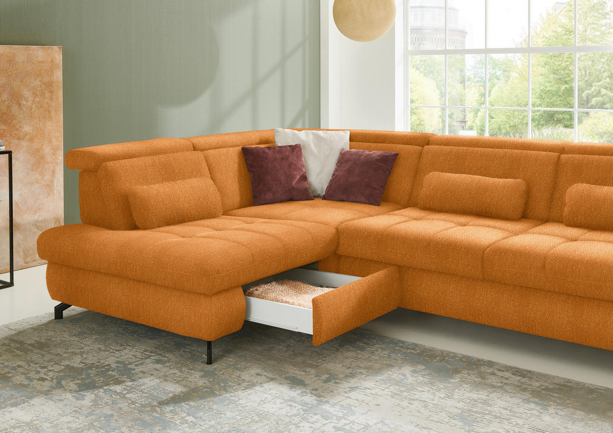 ECKSOFA in Chenille Orange  220/310 cm  - Schwarz/Orange, Design, Textil/Metall (220/310cm) - Beldomo Style