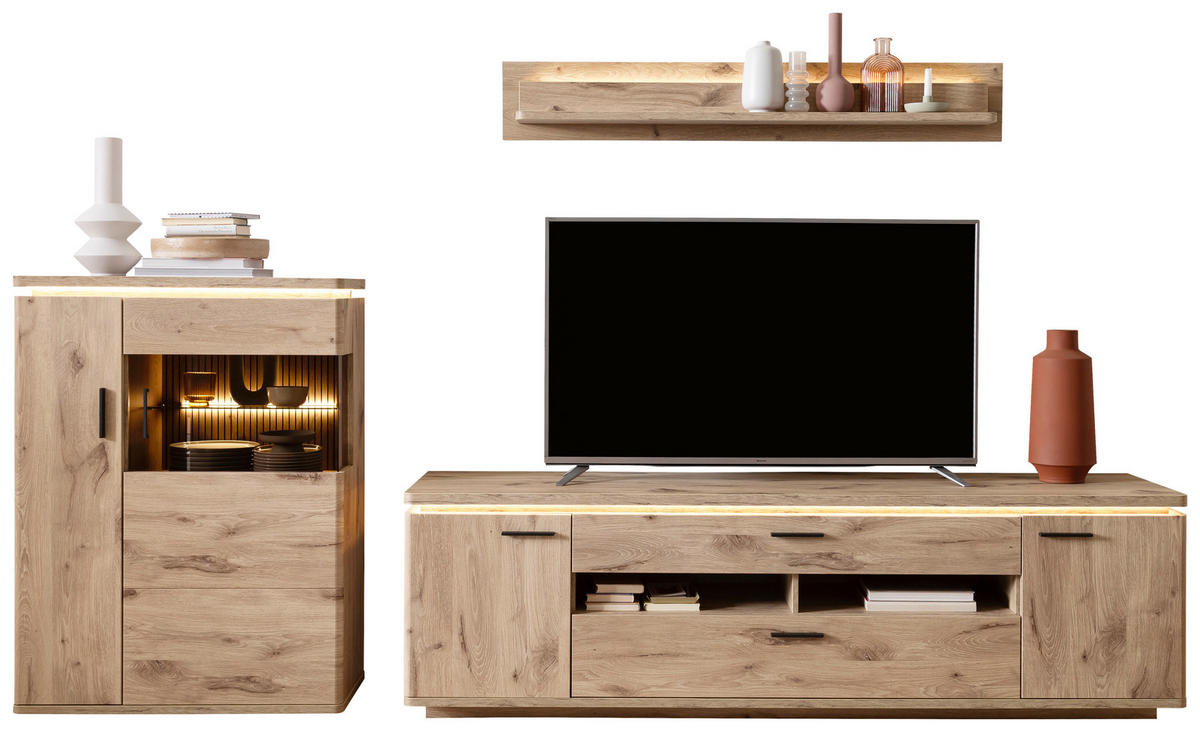 WOHNWAND 3-teilig  in Eichefarben 310/181/50 cm  - Eichefarben/Anthrazit, Konventionell, Glas/Holzwerkstoff (310/181/50cm) - Cantus