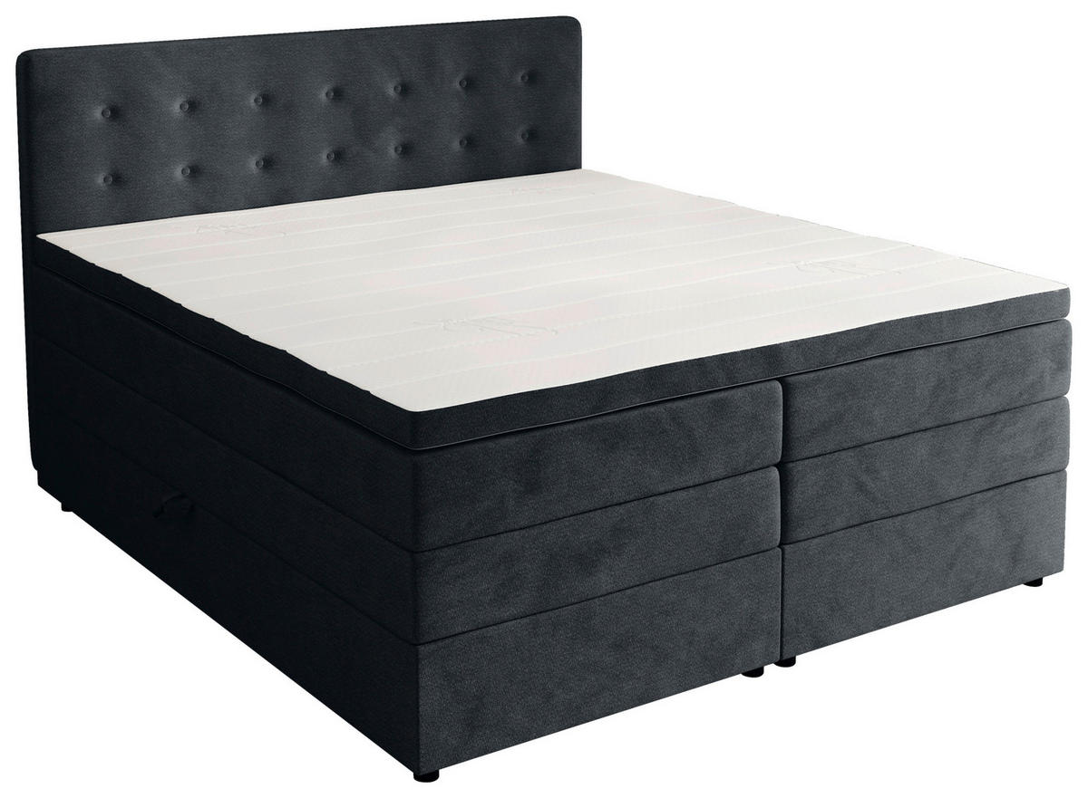 BOXSPRINGBETT 200/200 cm,  in Anthrazit, gepolstertes Kopfteil, Bettkasten, Topper, Matratzen, H3 + H4 = fest + sehr fest  - Anthrazit/Schwarz, KONVENTIONELL, Kunststoff/Textil (200/200cm) - Chameo