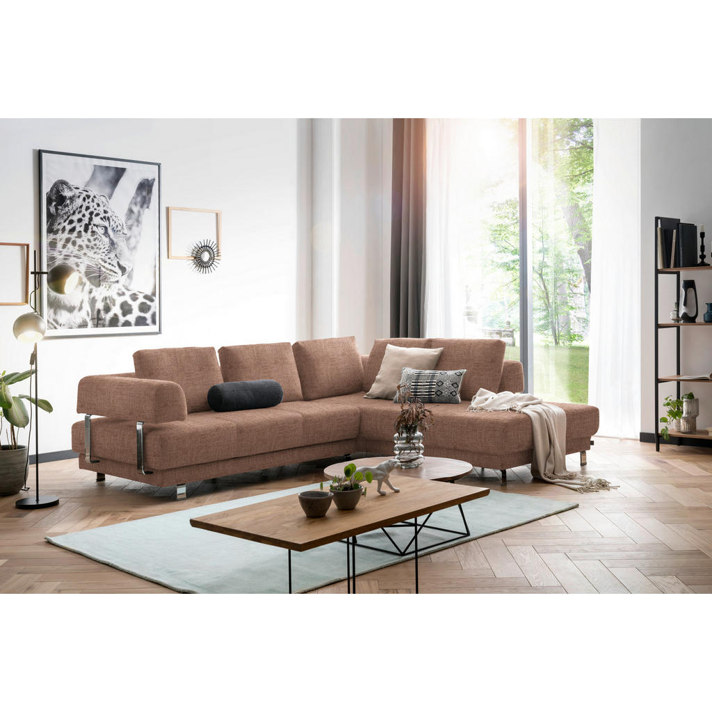 Thumbnail - Xxxl Ecksofa, Hellbraun, Textil, Uni, 5-Sitzer, Füllung: Polyurethan (Pur), Ottomane rechts, L-Form, 277x235 cm, Goldene...