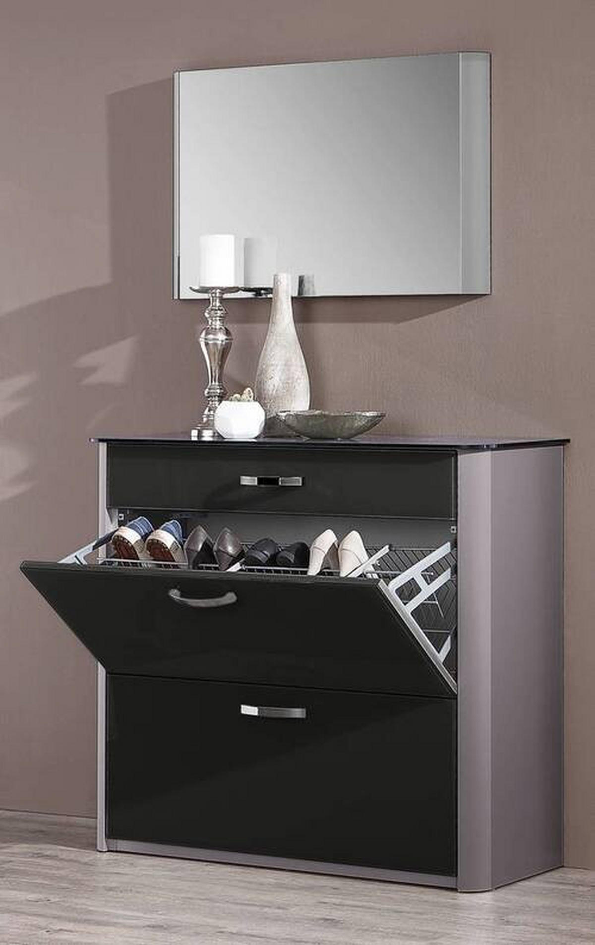 GARDEROBE 3-teilig  in 200/192/34 cm  - Schwarz/Alufarben, Design, Glas/Holzwerkstoff (200/192/34cm) - Moderano