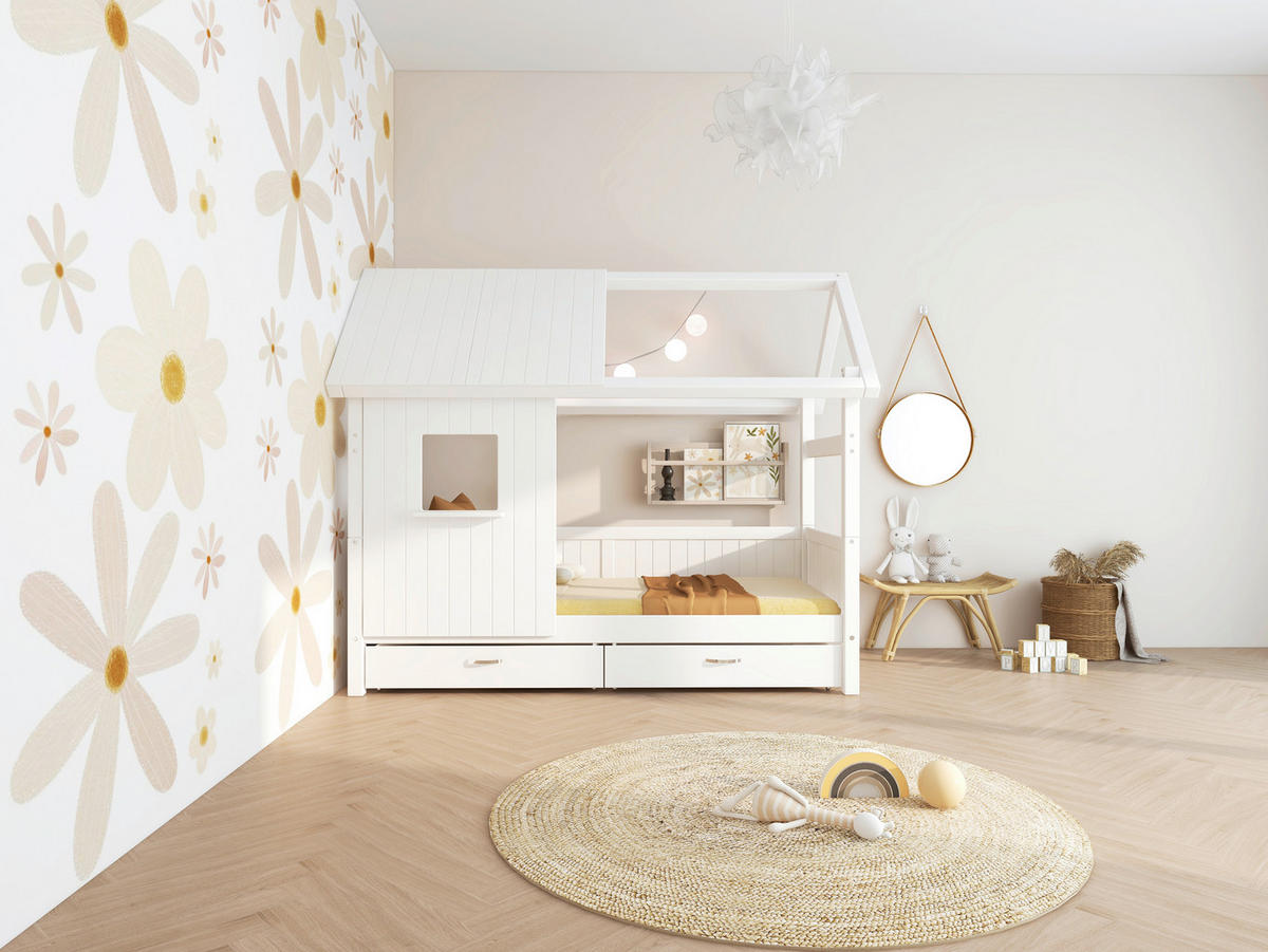 HAUSBETT 90/200 cm,  in Weiß, Rollrost, Bettschublade  - Weiß, MODERN, Holz (90/200cm) - Chameo