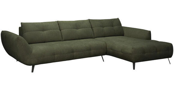 ECKSOFA Dunkelgrün Chenille Armlehnenkissen, Rücken echt, Sitztiefenverstellung  - Dunkelgrün/Schwarz, KONVENTIONELL, Textil/Metall (313/215cm) - Hom`in