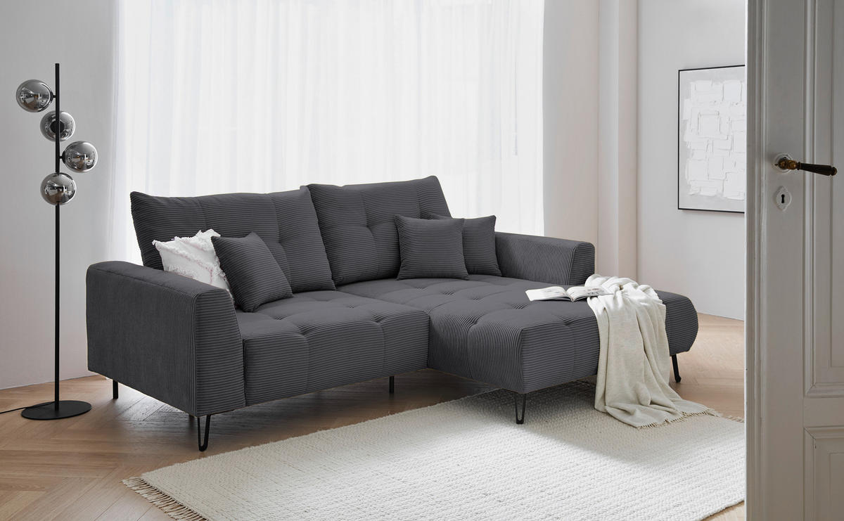 ECKSOFA Anthrazit Cord  - Anthrazit/Schwarz, KONVENTIONELL, Textil/Metall (250/185cm) - Carryhome