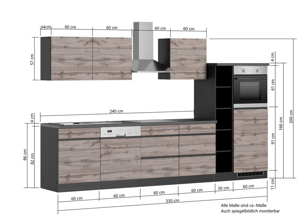 KÜCHENBLOCK 330 cm   in Grau, Eiche Wotan  - Eiche Wotan/Grau, Design, Holzwerkstoff (330cm) - Held