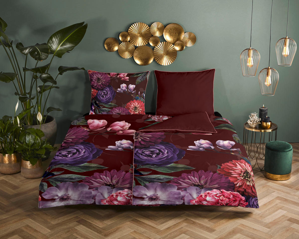 WENDEBETTWÄSCHE Bloomie Satin 155/220 cm  - Bordeaux/Rot, Natur, Textil (155/220cm)