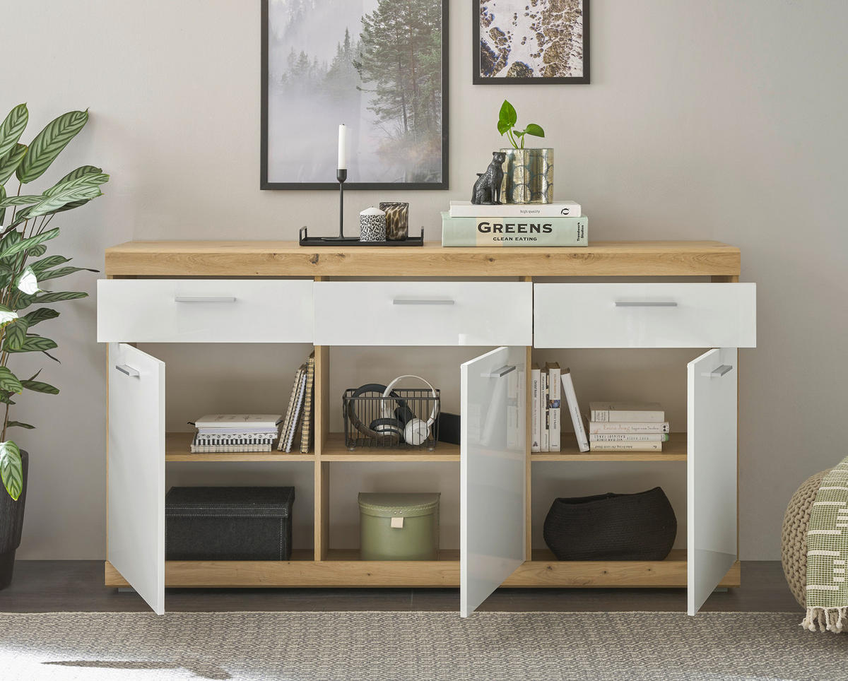 SIDEBOARD  165/91/38 cm 3 Schublade(n)  - Weiss Hochglanz/Silberfarben, Design, Holzwerkstoff/Kunststoff (165/91/38cm) - MID.YOU