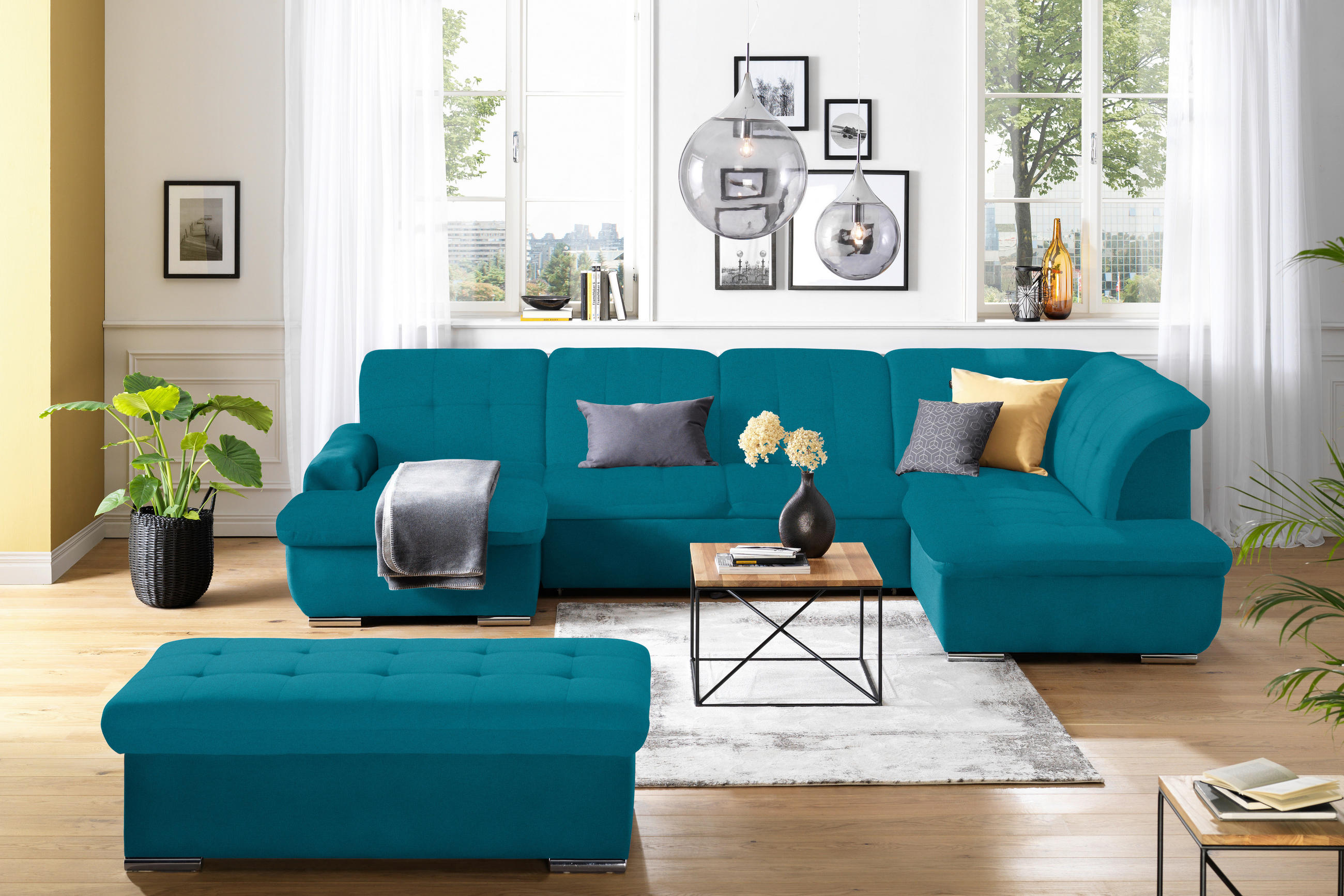 HOCKER Flachgewebe Petrol  - Silberfarben/Petrol, Design, Textil/Metall (137/43/74cm) - Cantus