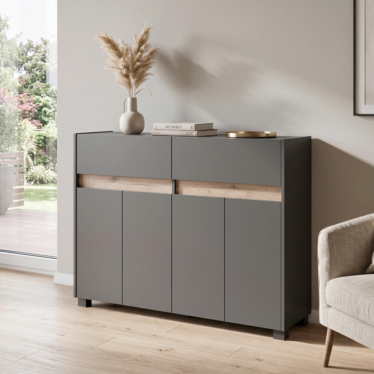 KOMMODE , 112,2/84,8/33 cm, 2 Schublade(n)  - Anthrazit/Silberfarben, Design, Holzwerkstoff/Kunststoff (112,2/84,8/33cm) - MID.YOU