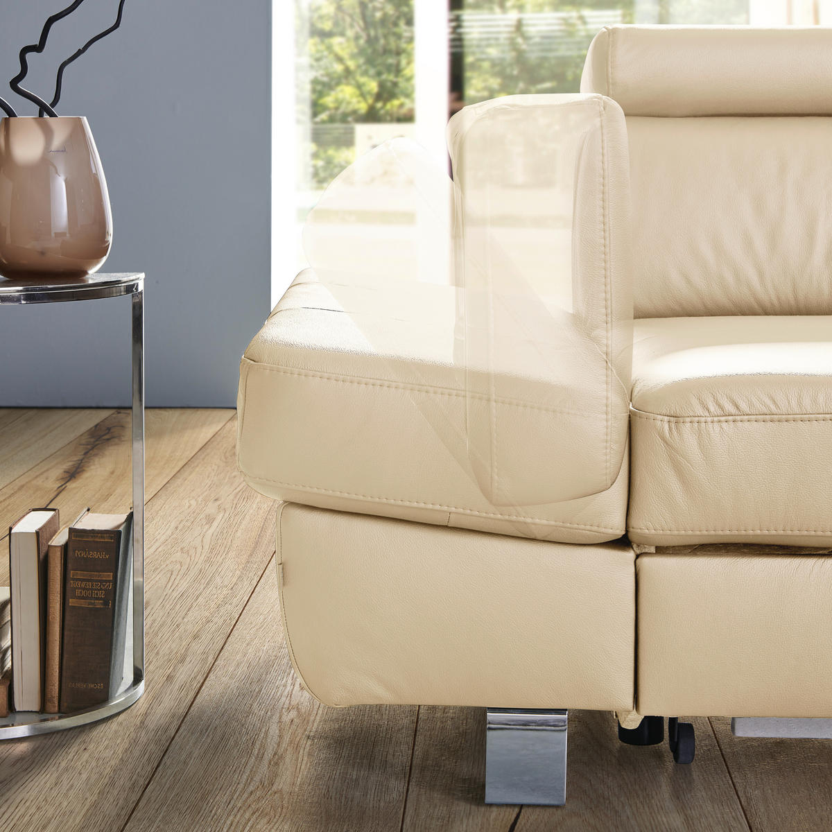 ECKSOFA in Lederlook Kombination Echtleder/Lederlook Ecru  - Chromfarben/Ecru, Design, Leder/Textil (212/265cm) - Stylife