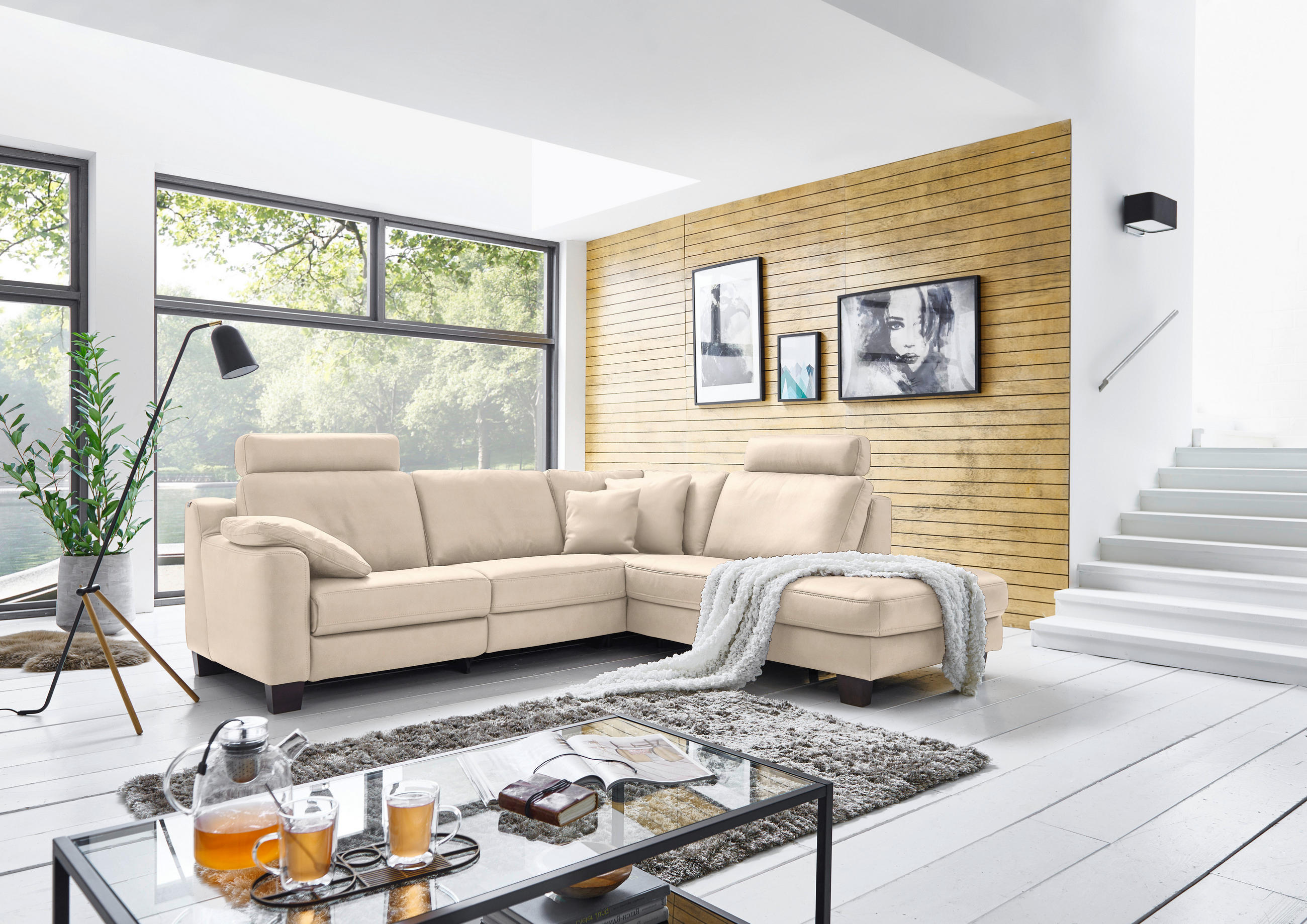 ECKSOFA in Echtleder Beige  - Eichefarben/Beige, Design, Leder/Holz (259/235cm) - Valdera