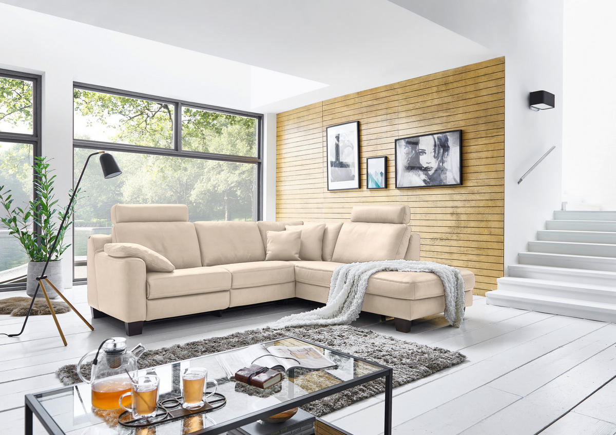 ECKSOFA in Echtleder Beige  - Eichefarben/Beige, Design, Leder/Holz (259/235cm) - Valdera