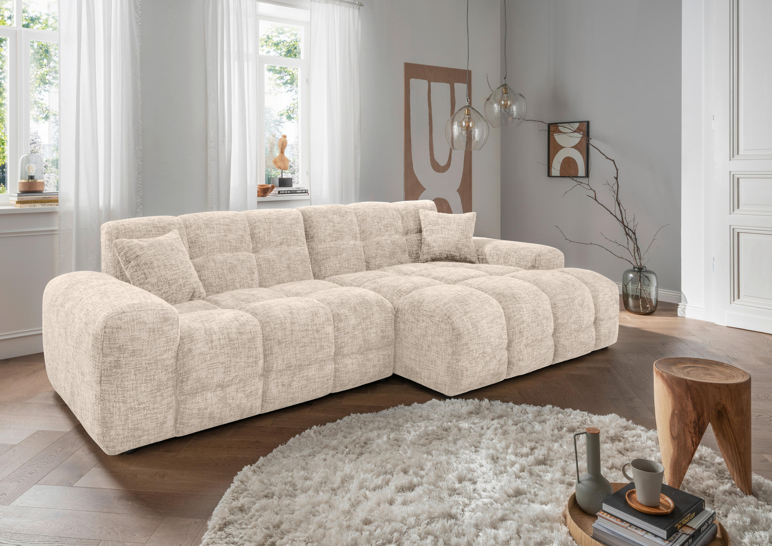 ECKSOFA in Struktur Creme  - Creme/Schwarz, Modern, Kunststoff/Textil (301/152cm) - Livetastic