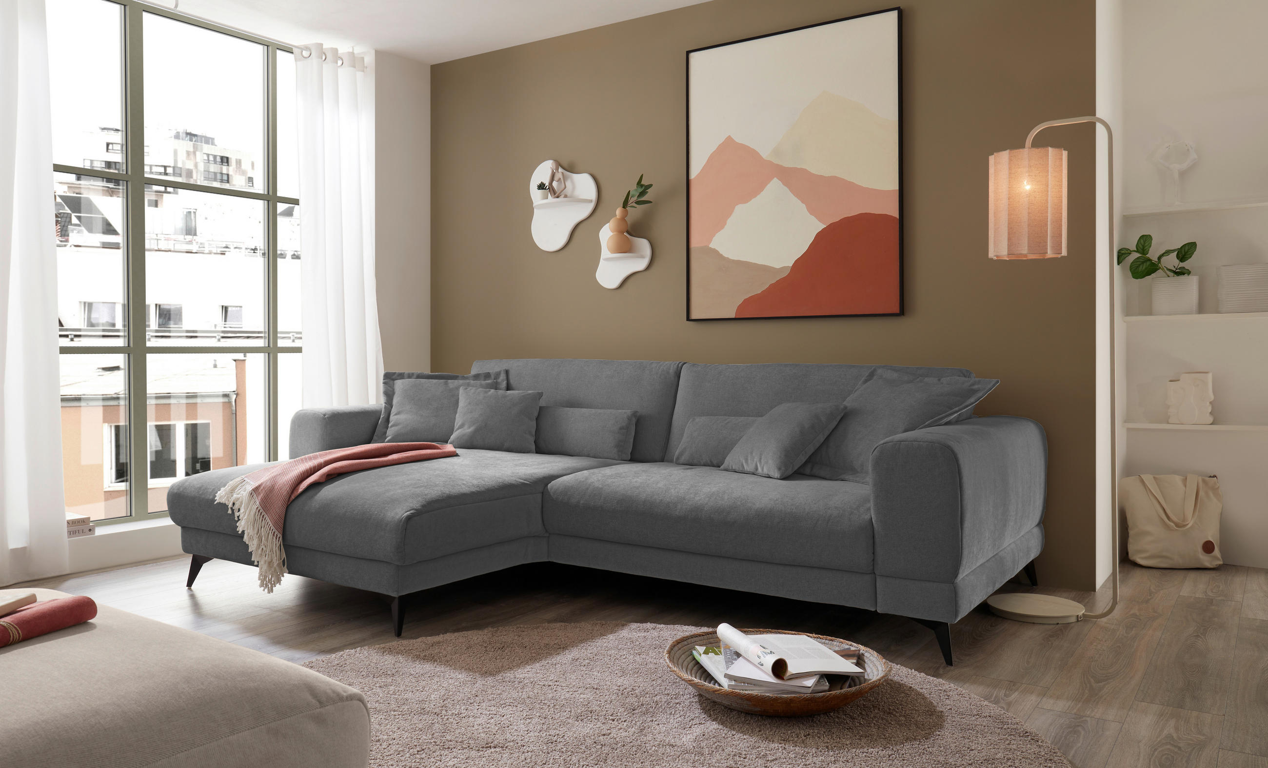ECKSOFA Anthrazit Chenille  - Anthrazit/Schwarz, KONVENTIONELL, Textil/Metall (194/292cm) - SetOne by Musterring