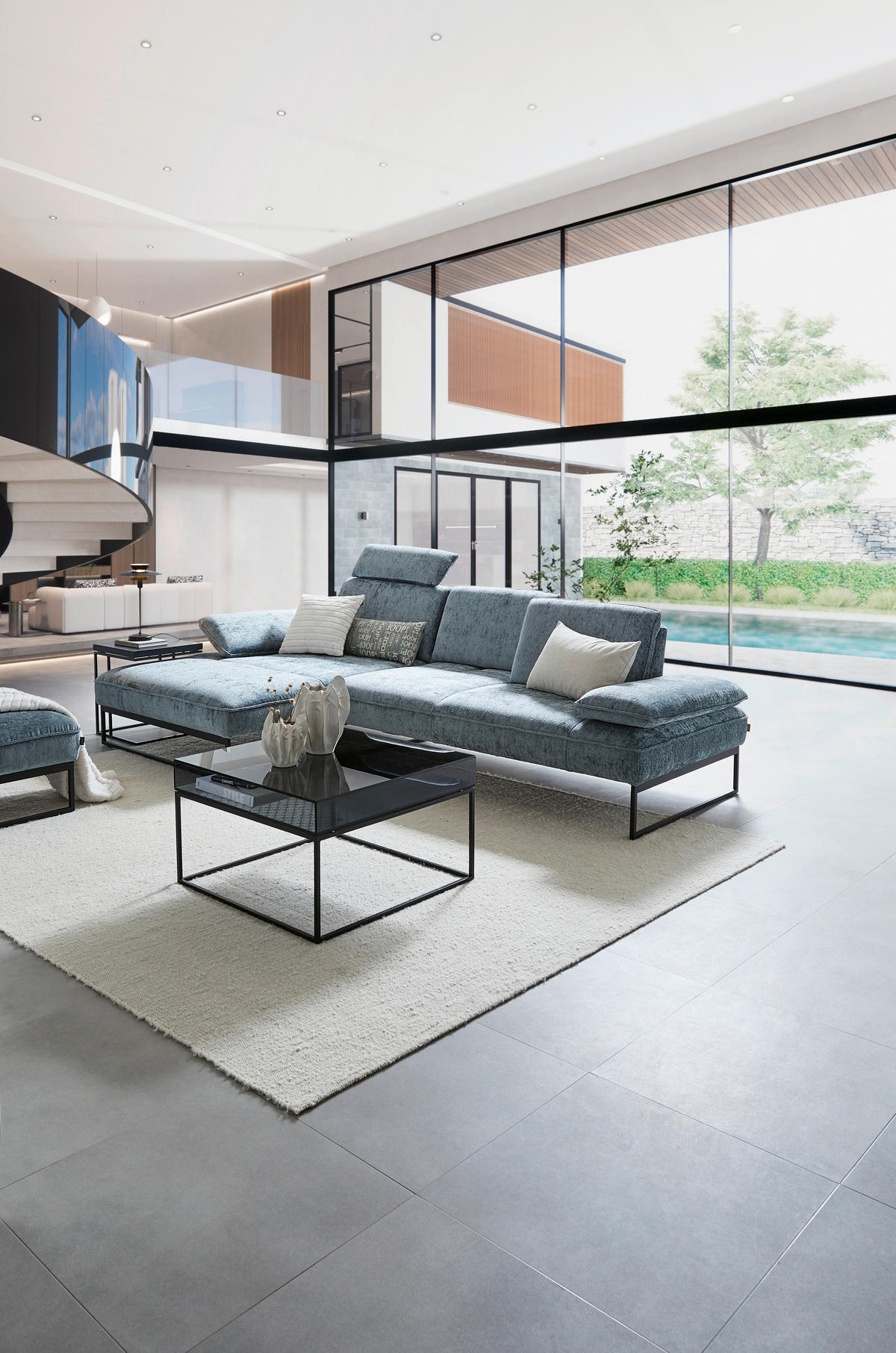 ECKSOFA in Chenille Graublau  - Graublau/Anthrazit, Design, Textil/Metall (160/310cm) - Joop!