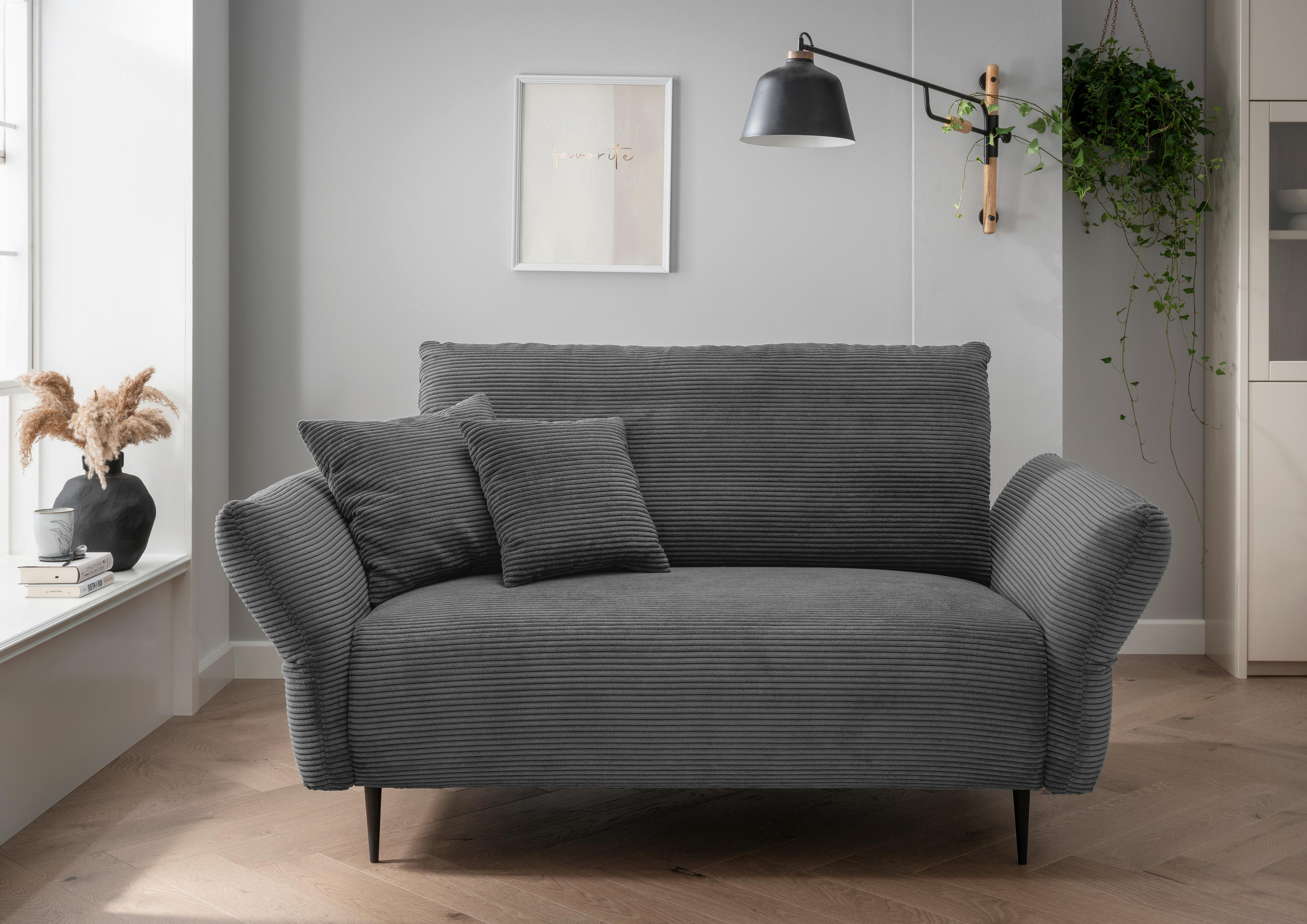 2-SITZER-SOFA Cord Grau  - Schwarz/Grau, Design, Textil/Metall (163/97/102cm) - Livetastic