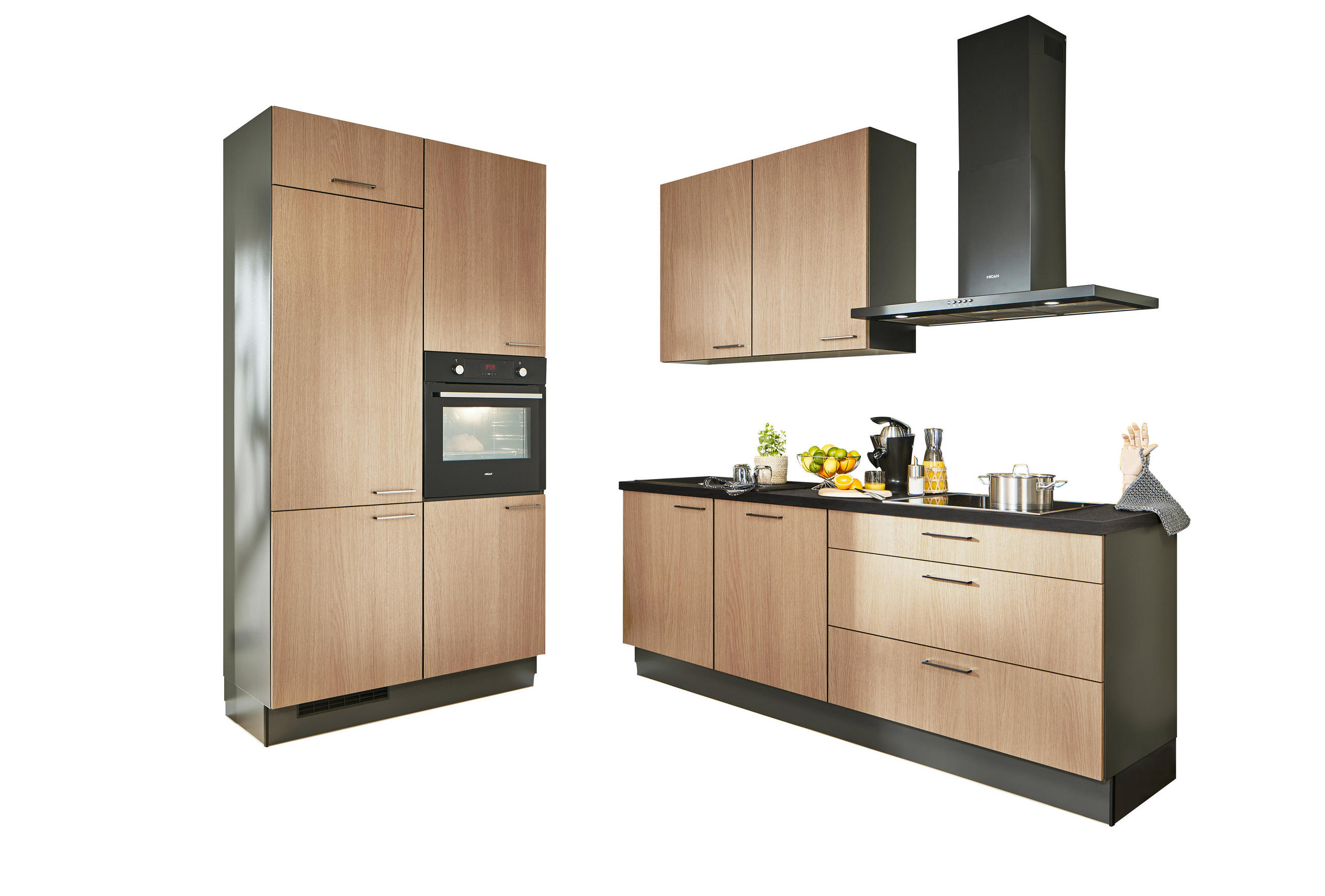 ECKKÜCHE 120/220 cm  in Graphitfarben, Schwarz, Eichefarben  - Chromfarben/Eichefarben, Design, Holzwerkstoff/Metall (120/220cm) - Xora