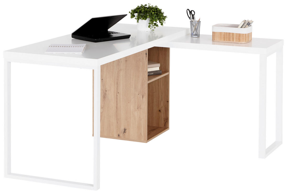 KOTNA PISALNA MIZA kovina, leseni material bela, barve hrasta  - barve hrasta/bela, Moderno, kovina/leseni material (140/60/75cm) - MID.YOU