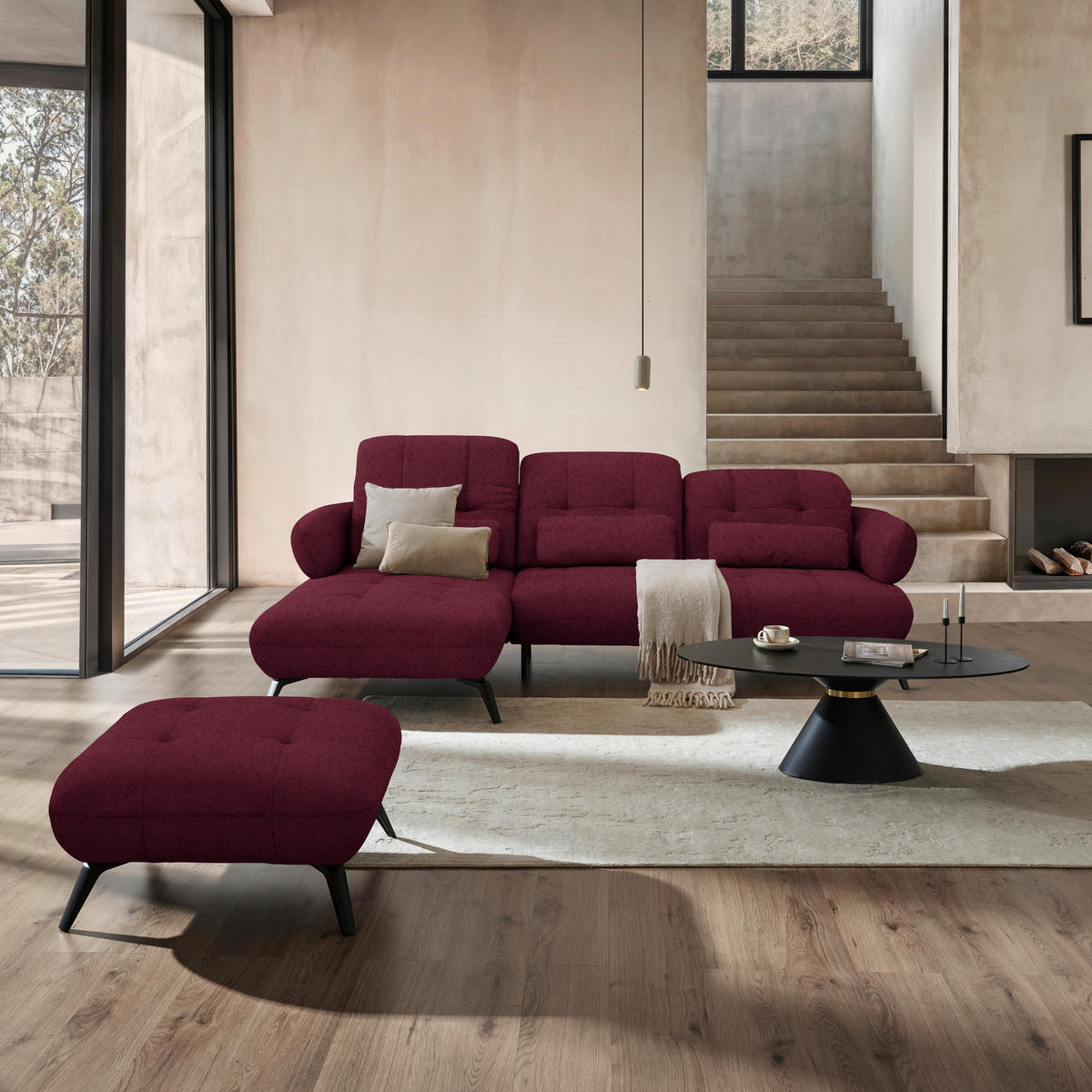 ECKSOFA Chenille Weinrot  - Weinrot/Schwarz, Modern, Textil/Metall (180/282cm) - Novel