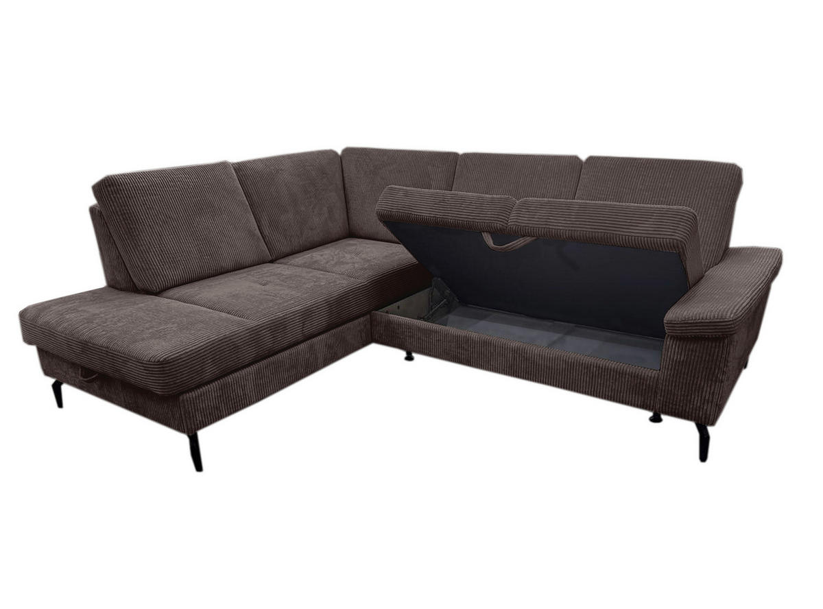 ECKSOFA Dunkelbraun Velours Bettkasten, Sitzvorzug  - Dunkelbraun/Schwarz, KONVENTIONELL, Textil/Metall (206/253cm) - Venda