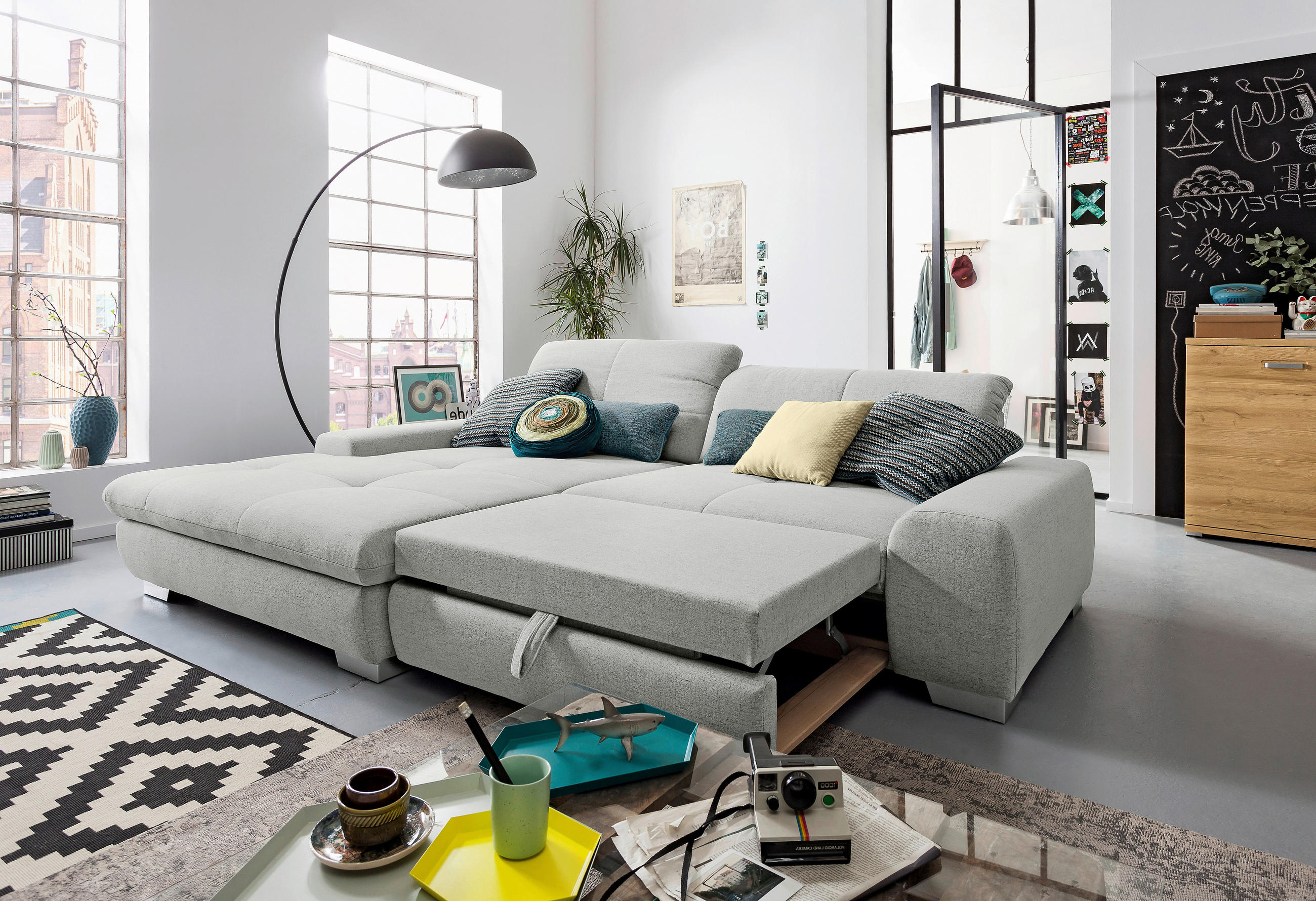 Thumbnail - SetOne by Musterring Ecksofa, Hellgrau, Textil, 2-Sitzer, Ottomane links, L-Form, 276x198 cm, Bettkasten erhältlich, Fuß...