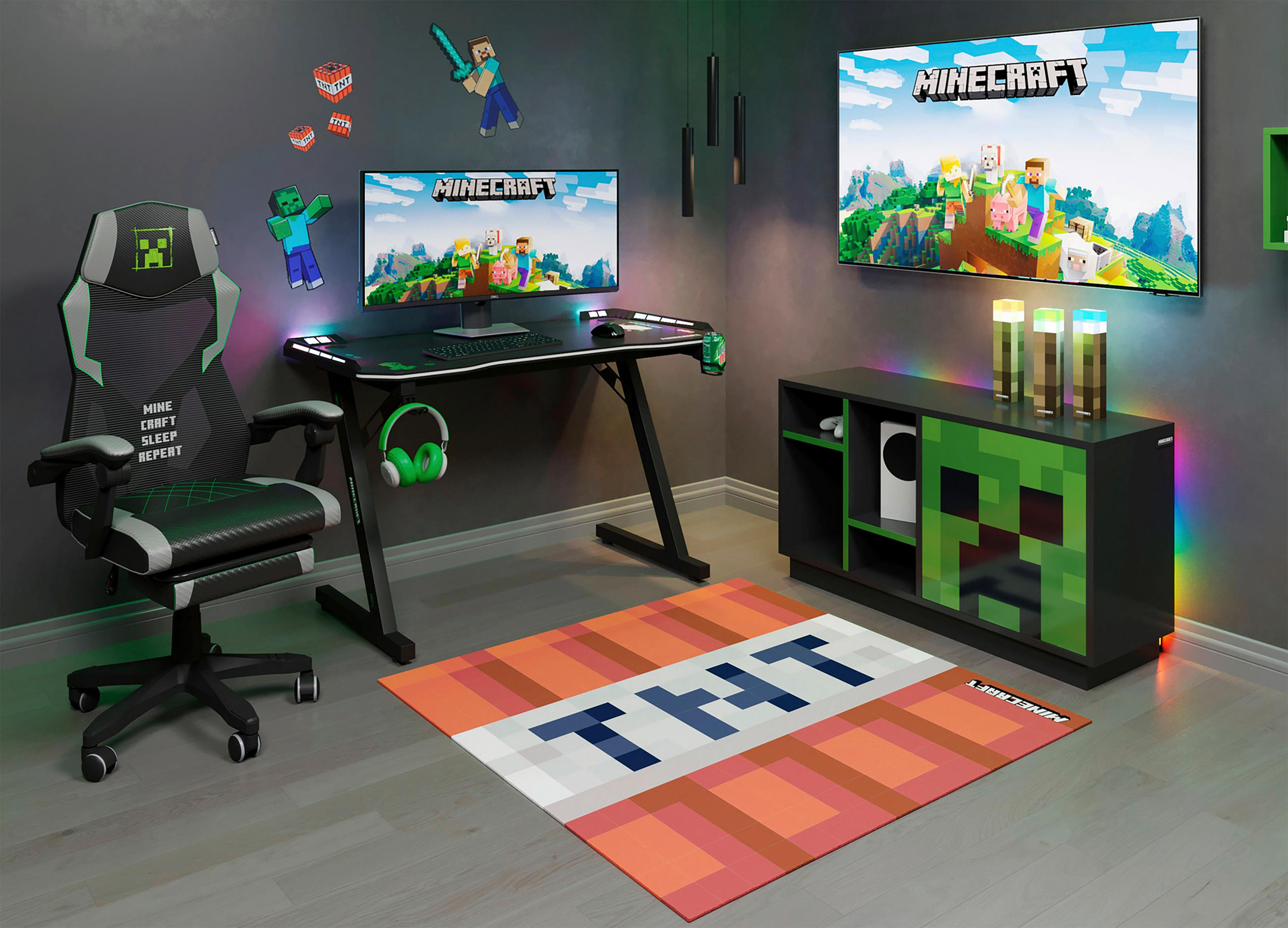 GAMINGSTUHL Grau Kunststoff, Textil   - Grau/Grün, MODERN, Kunststoff/Textil (61/114,5/62,5cm) - Minecraft