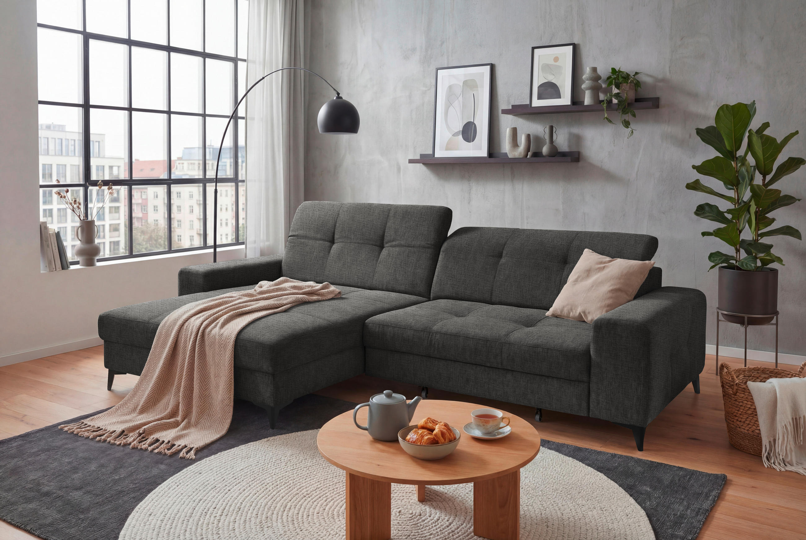 ECKSOFA SORELLA Graphitfarben Chenille Kopfteilverstellung, Sitztiefenverstellung  - Schwarz/Graphitfarben, Design, Kunststoff/Textil (182/328cm) - MID.YOU