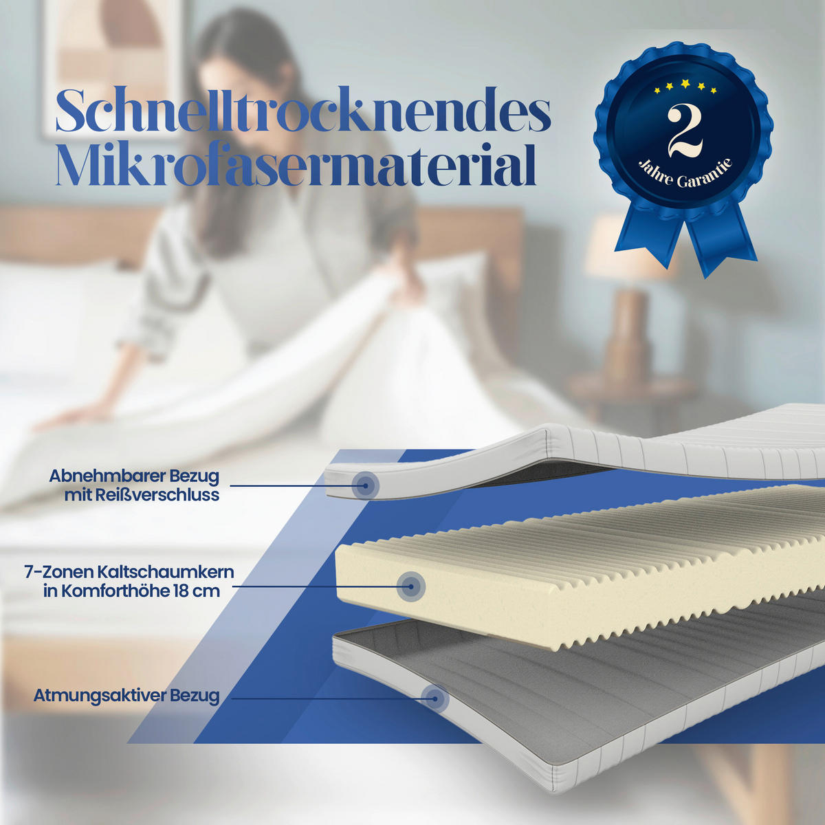 KALTSCHAUMMATRATZE 180/200 cm, Höhe ca.: 18 cm, H3 = fest, 7-Zonen - Weiß, Basics, Textil (180/200cm) - Chameo