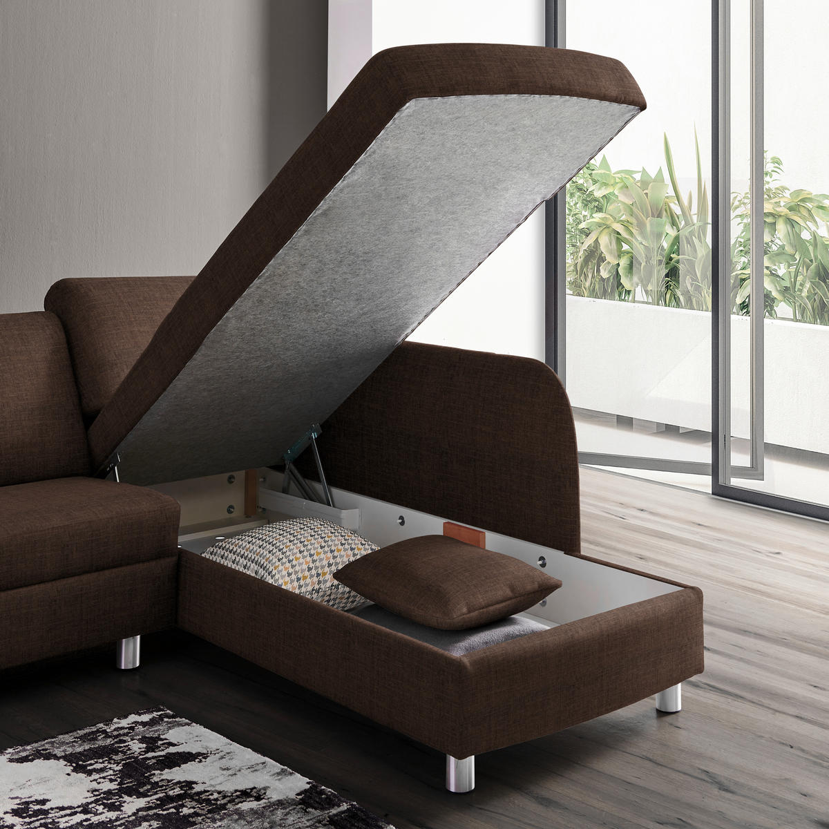 ECKSOFA in Chenille Dunkelbraun  227/208 cm  - Dunkelbraun/Alufarben, KONVENTIONELL, Textil/Metall (227/208cm) - Sedda