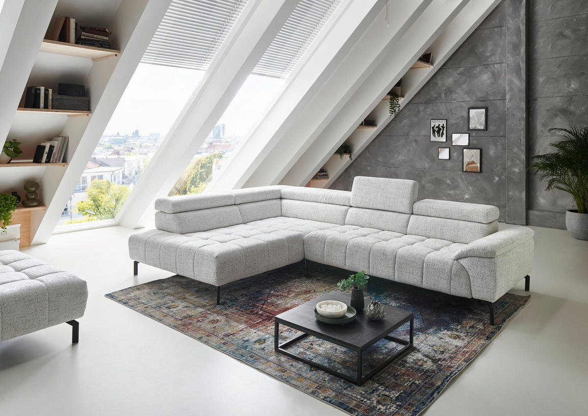 ECKSOFA in Chenille Grauweiss  - Schwarz/Grauweiss, Design, Textil/Metall (222/323cm) - Beldomo Style