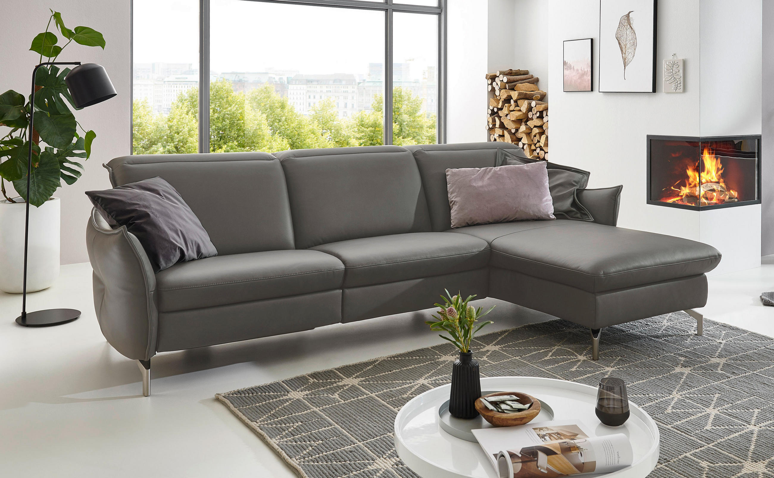 ECKSOFA in Echtleder Grau - Grau/Nickelfarben, Modern, Leder/Metall (263/179cm) - Livetastic