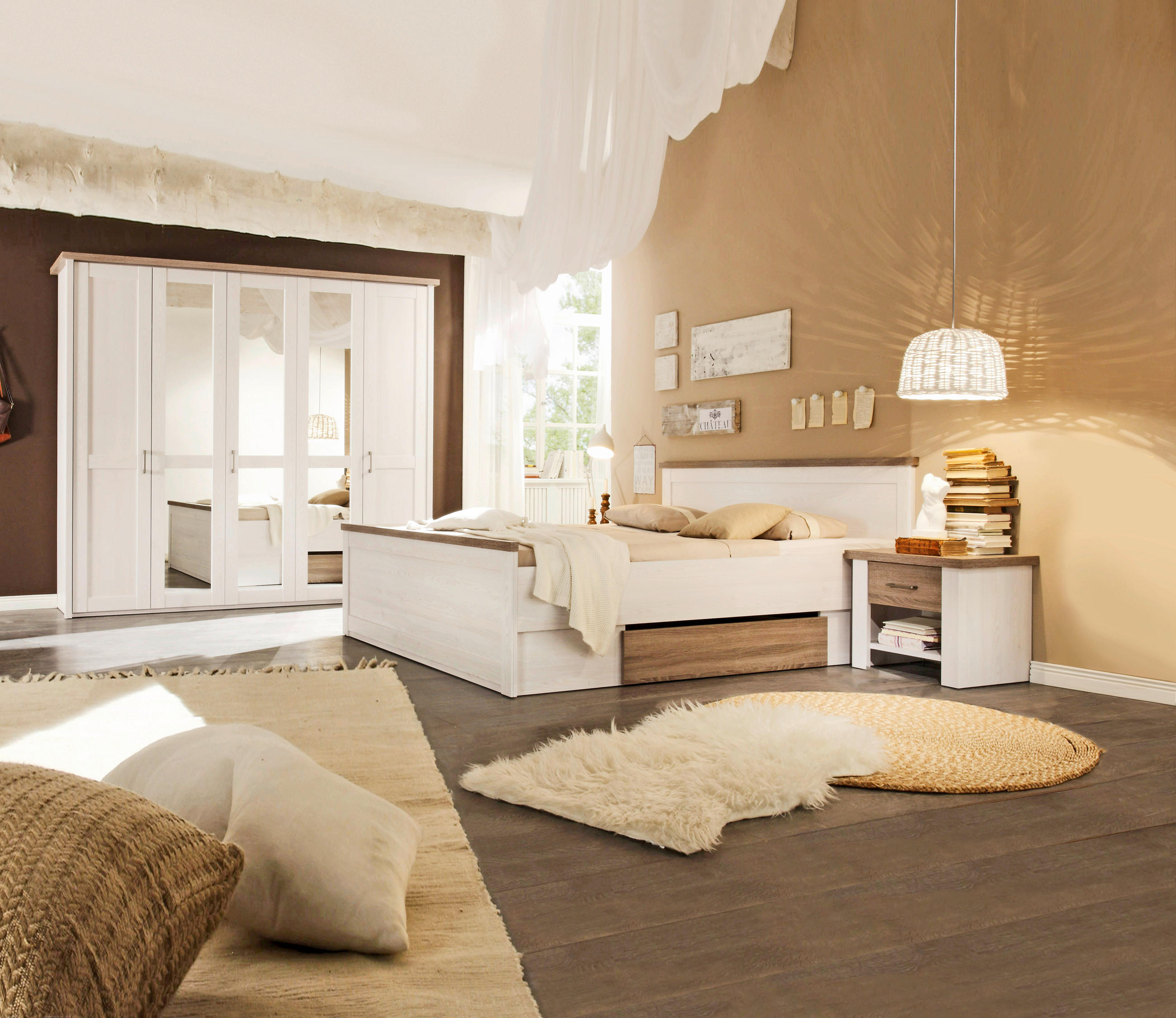 SET KREVETA I NOĆNIH ORMARIĆA   180/200 cm   bijela, boje tartuf hrasta  - bijela/boje tartuf hrasta, Design, drvni materijal (180/200cm) - Carryhome