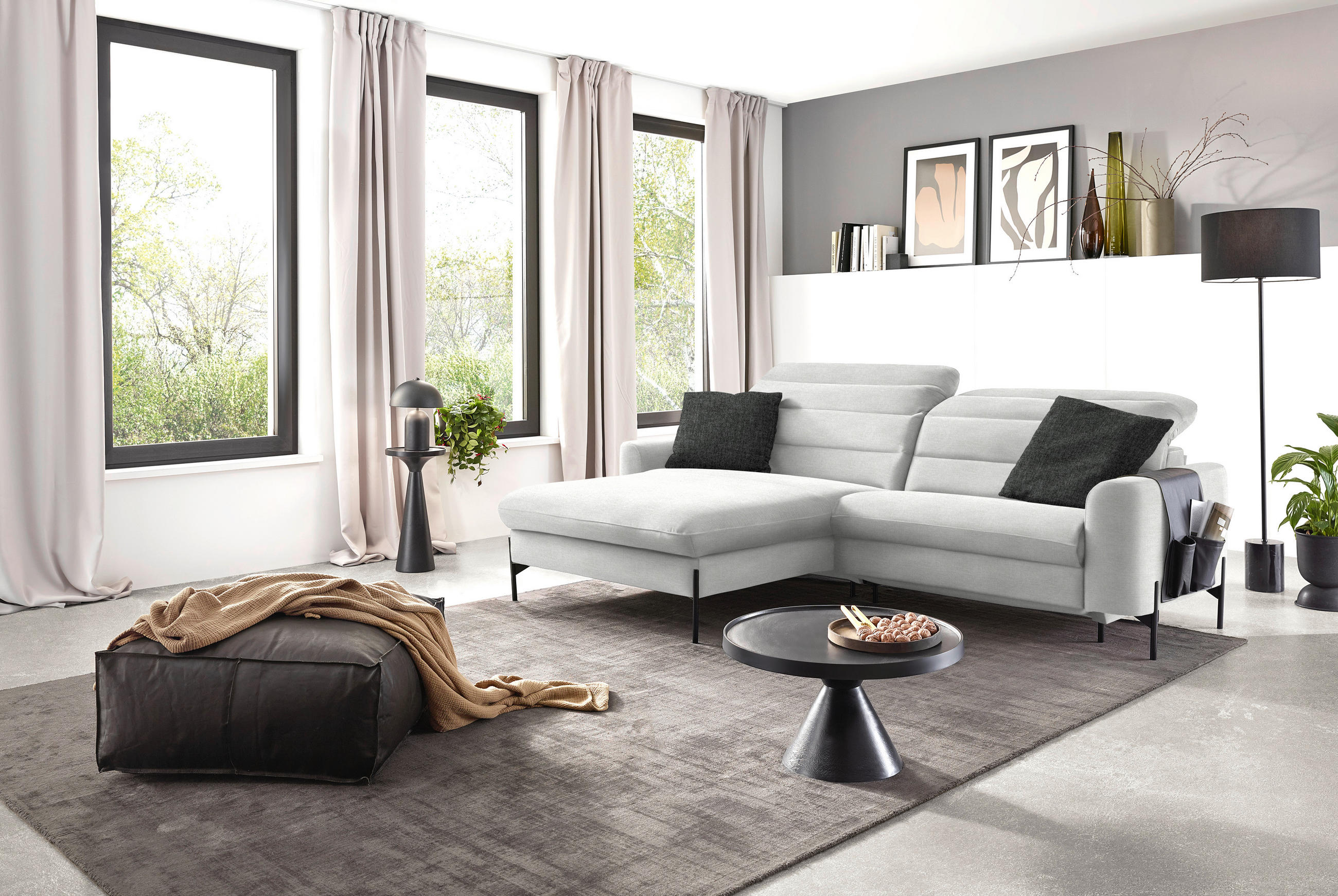 ECKSOFA in Flachgewebe Ecru  191/252 cm  - Ecru/Schwarz, Design, Textil/Metall (191/252cm) - Dieter Knoll