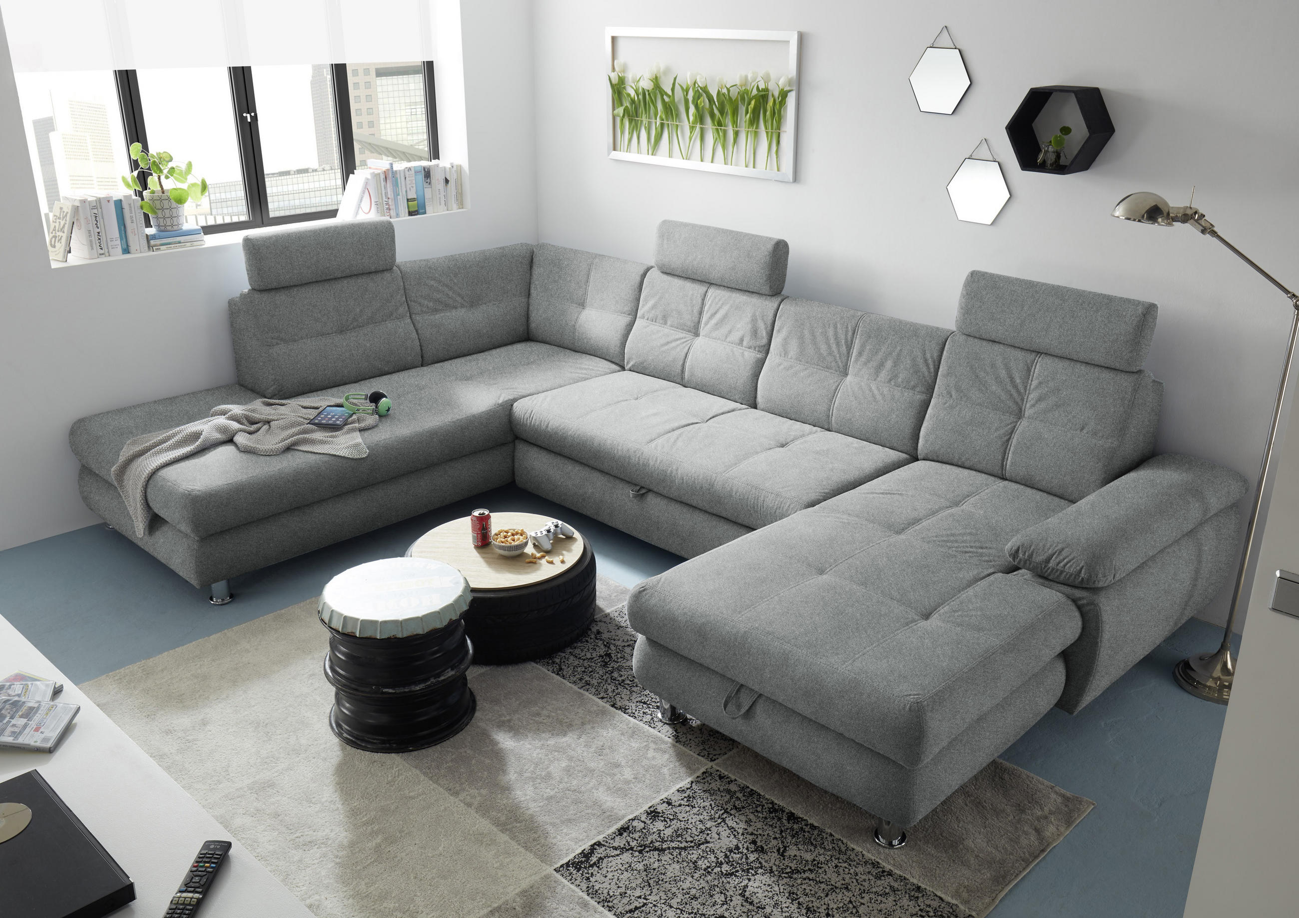 WOHNLANDSCHAFT in Webstoff Hellgrau  - Hellgrau, MODERN, Kunststoff/Textil (233/349/177cm) - MID.YOU
