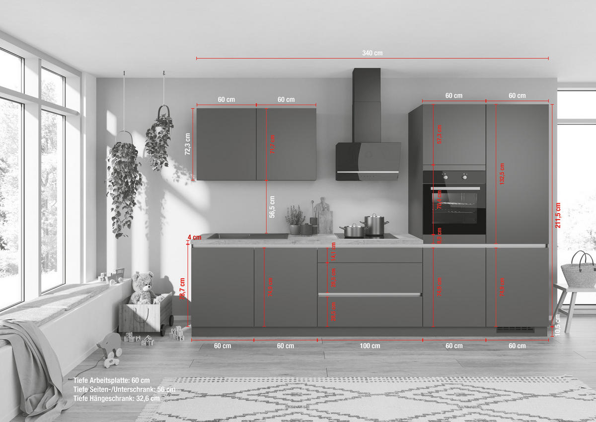 KÜCHENLEERBLOCK 340 cm   in Graphitfarben  - Edelstahlfarben/Eichefarben, Design, Holzwerkstoff/Metall (340cm) - Impuls