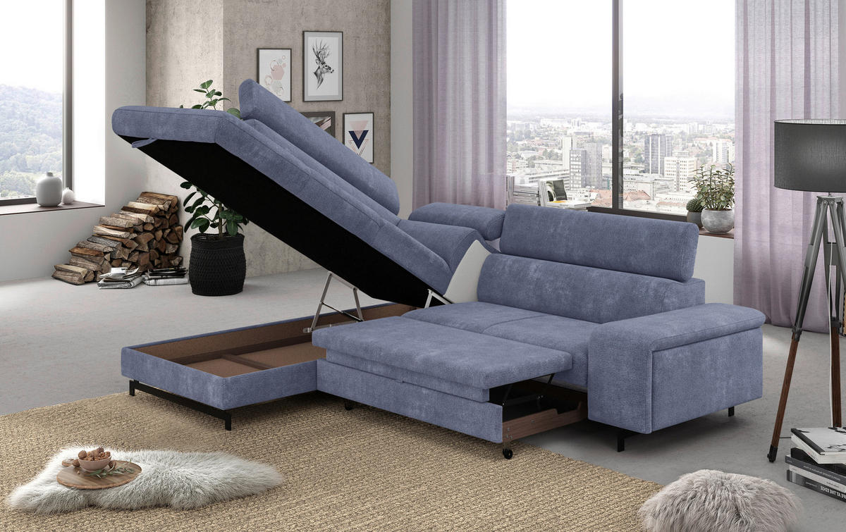 ECKSOFA in Chenille Blau  - Blau/Schwarz, Textil/Metall (215/262cm) - MID.YOU