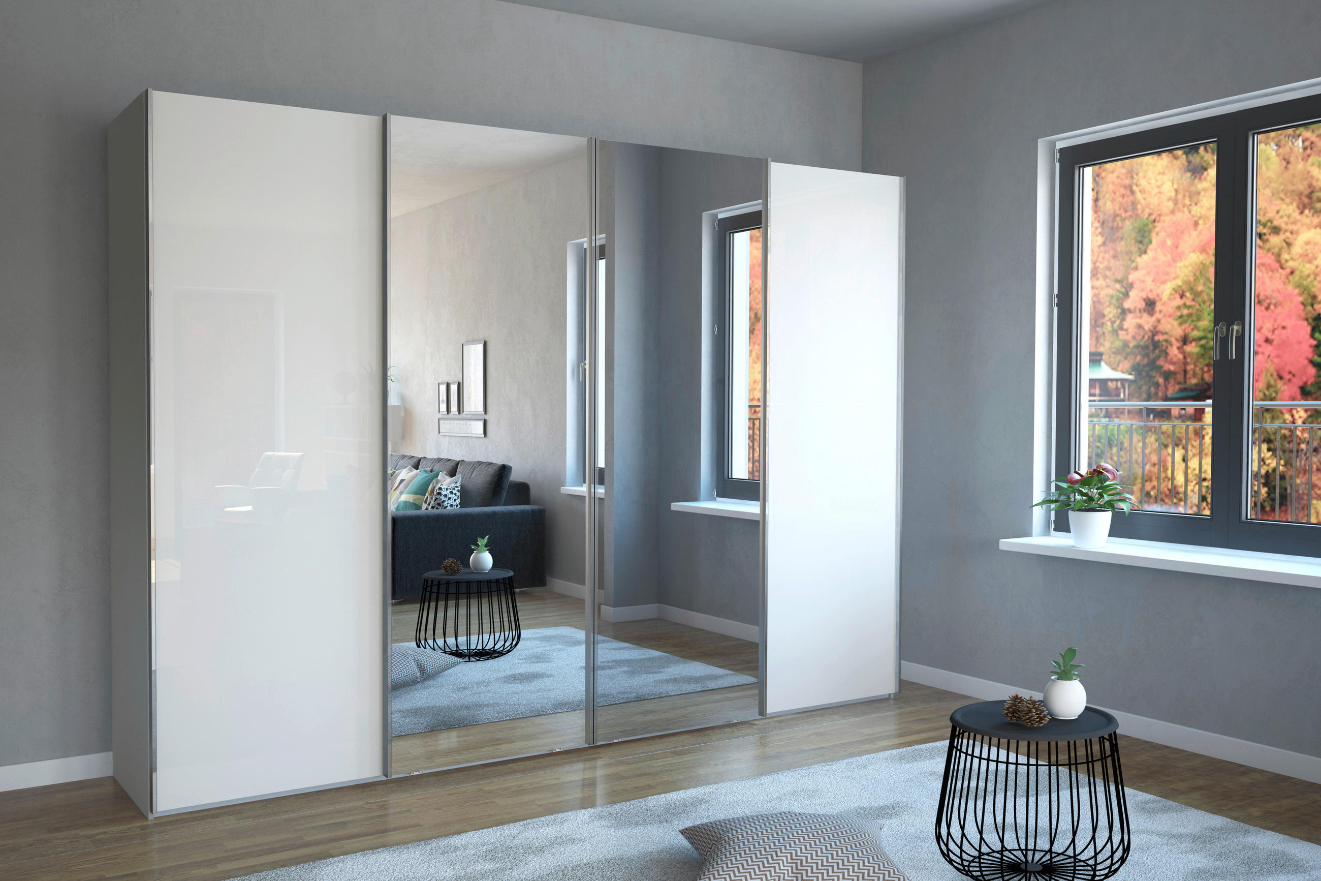 SCHWEBETÜRENSCHRANK in Grau, Weiss  - Chromfarben/Weiss, Konventionell, Glas/Holzwerkstoff (300/236/67cm) - Dieter Knoll