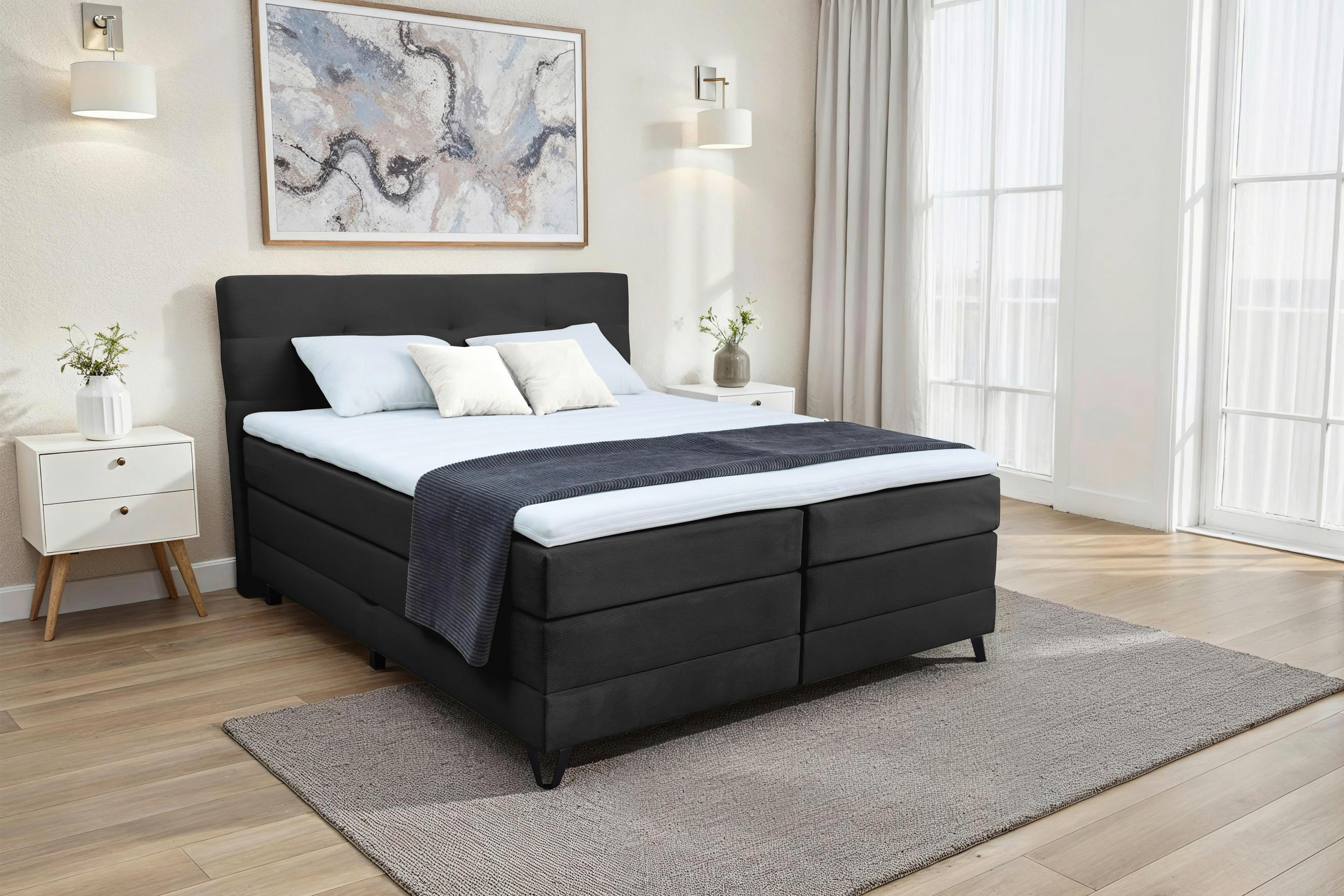 Thumbnail - Boxxx Boxspringbett, Schwarz, Textil, H3, 5-Zonen, Höhe ca. 18 cm, 180x200 cm, Topper durchgehend, in verschiedenen Größ...