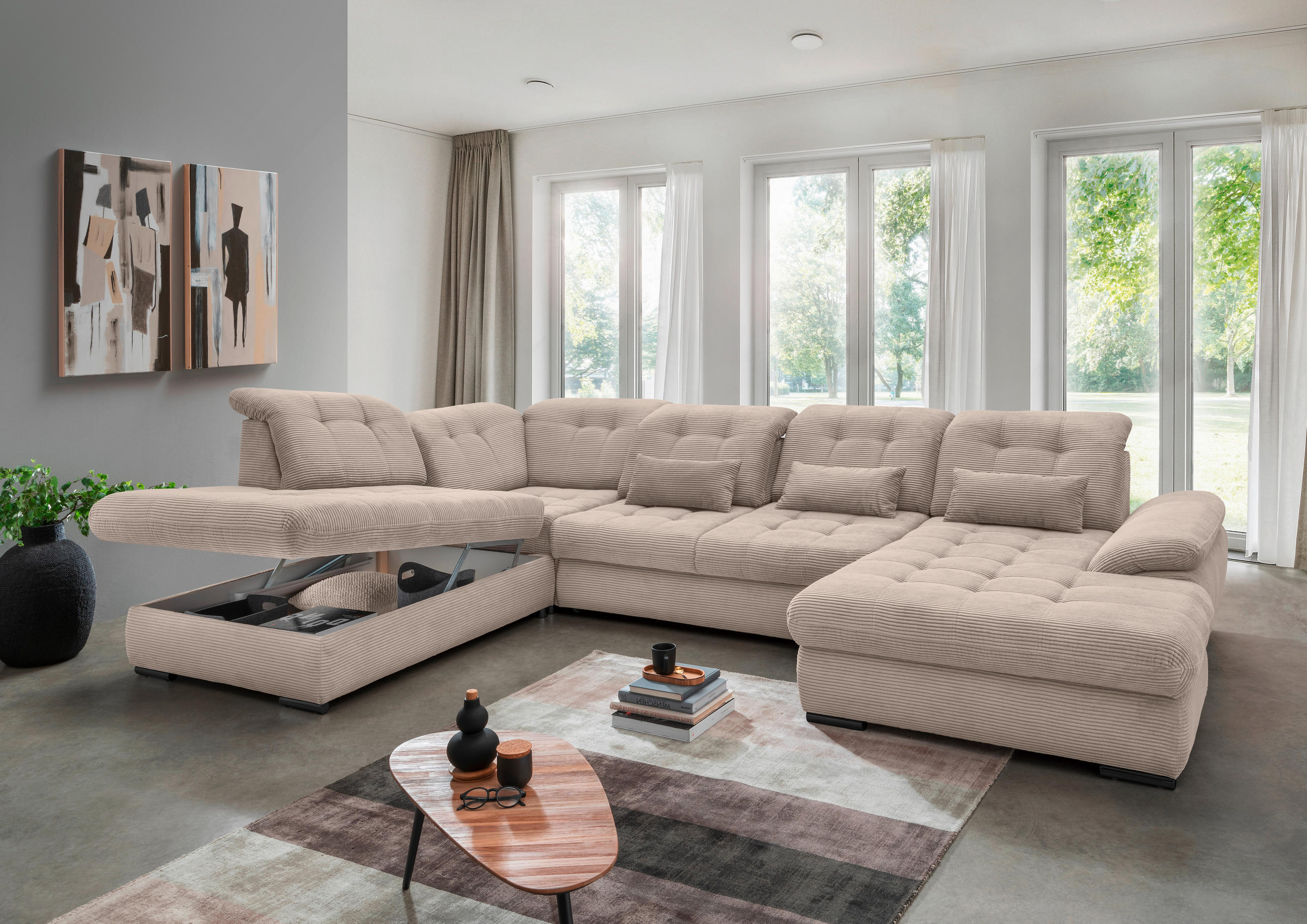 SALON PANORAMIQUE in Cord Beige  - beige/noir, Modern, textile/métal (252/387/184cm) - Livetastic